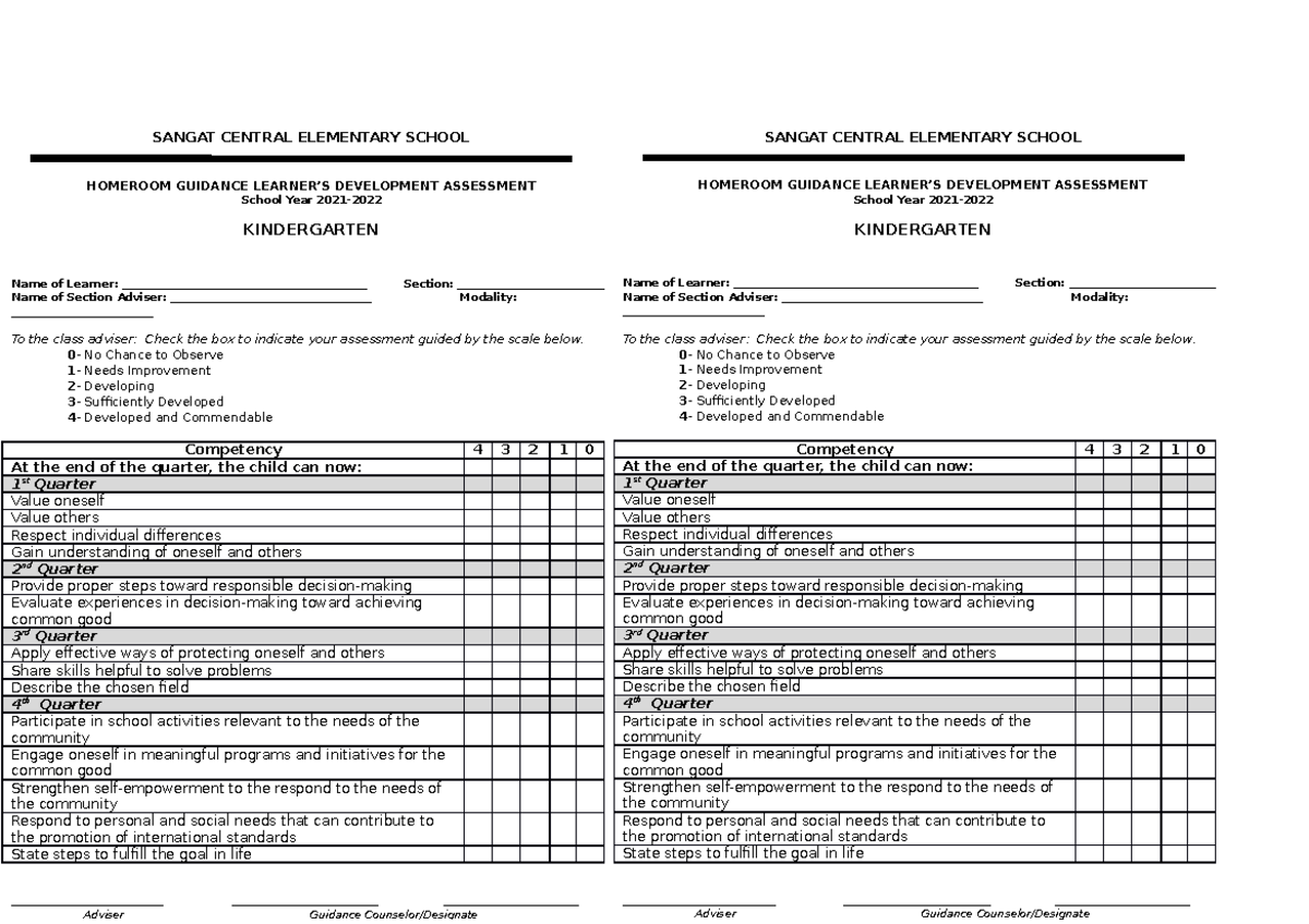 For Report Card homeroom guidance assessment SANGAT CENTRAL ELEMENTARY SCHOOL HOMEROOM