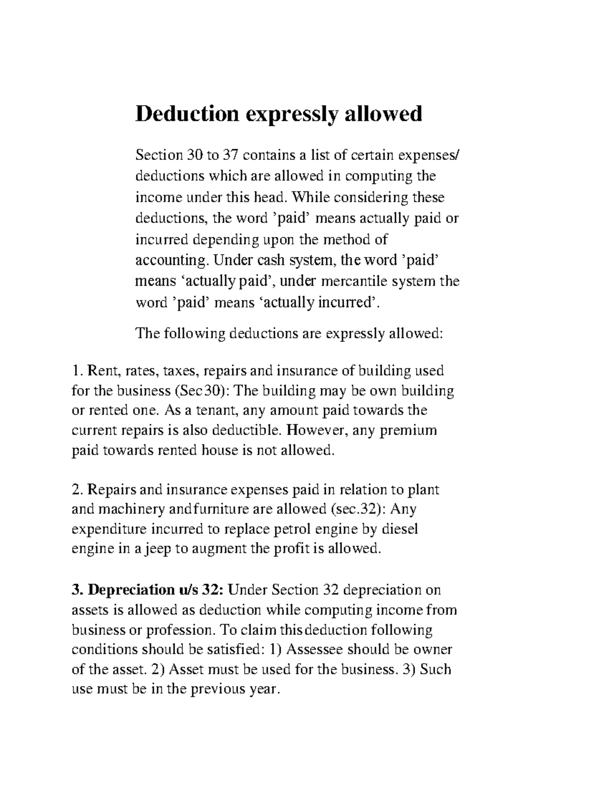 Deduction expressly allowed Deduction expressly allowed Section 30 to