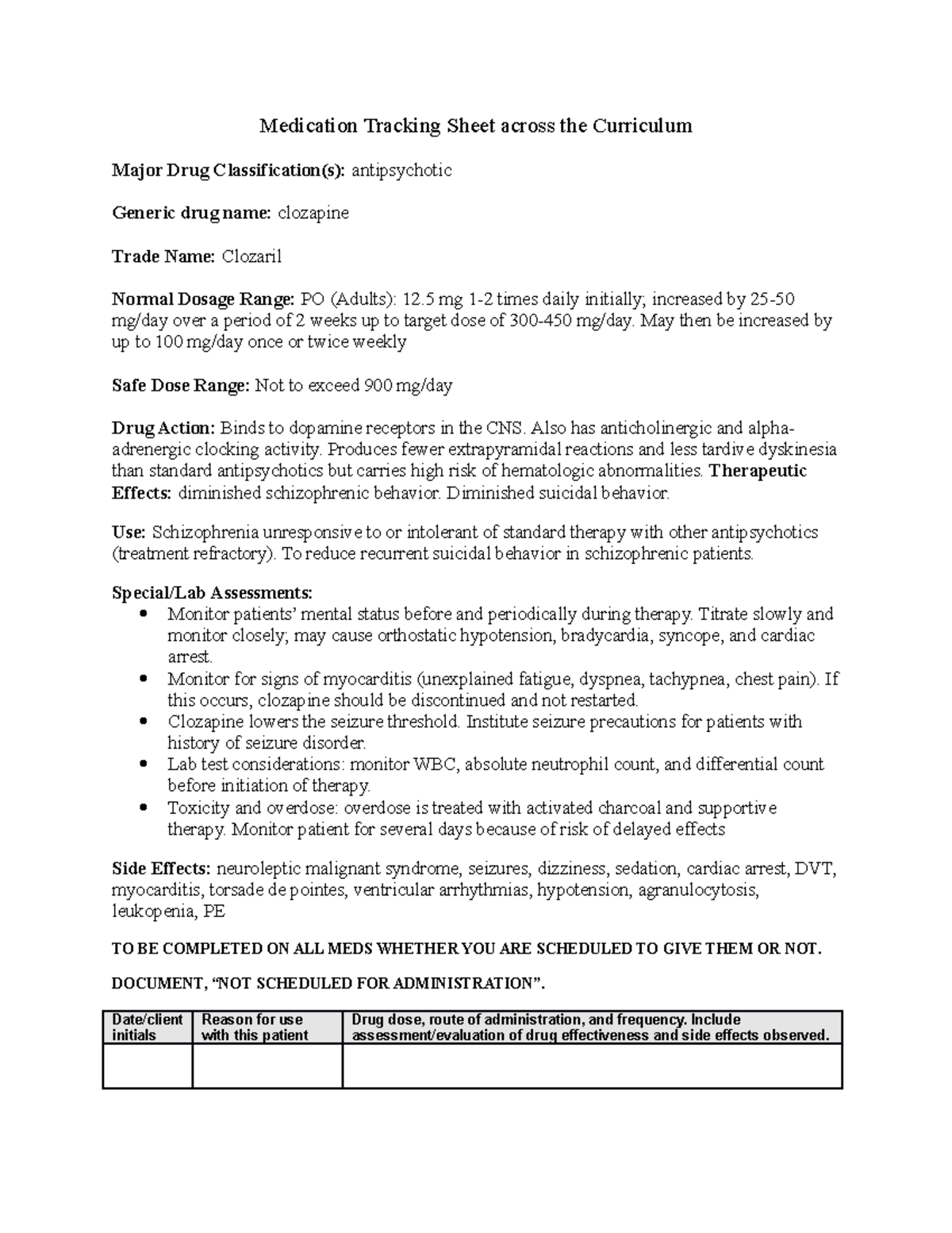 Clozaril med tracking Medication Tracking Sheet across the