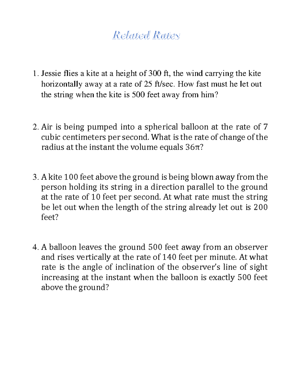 Related Rates and optimi - Jessie flies a kite at a height of 300 ft ...