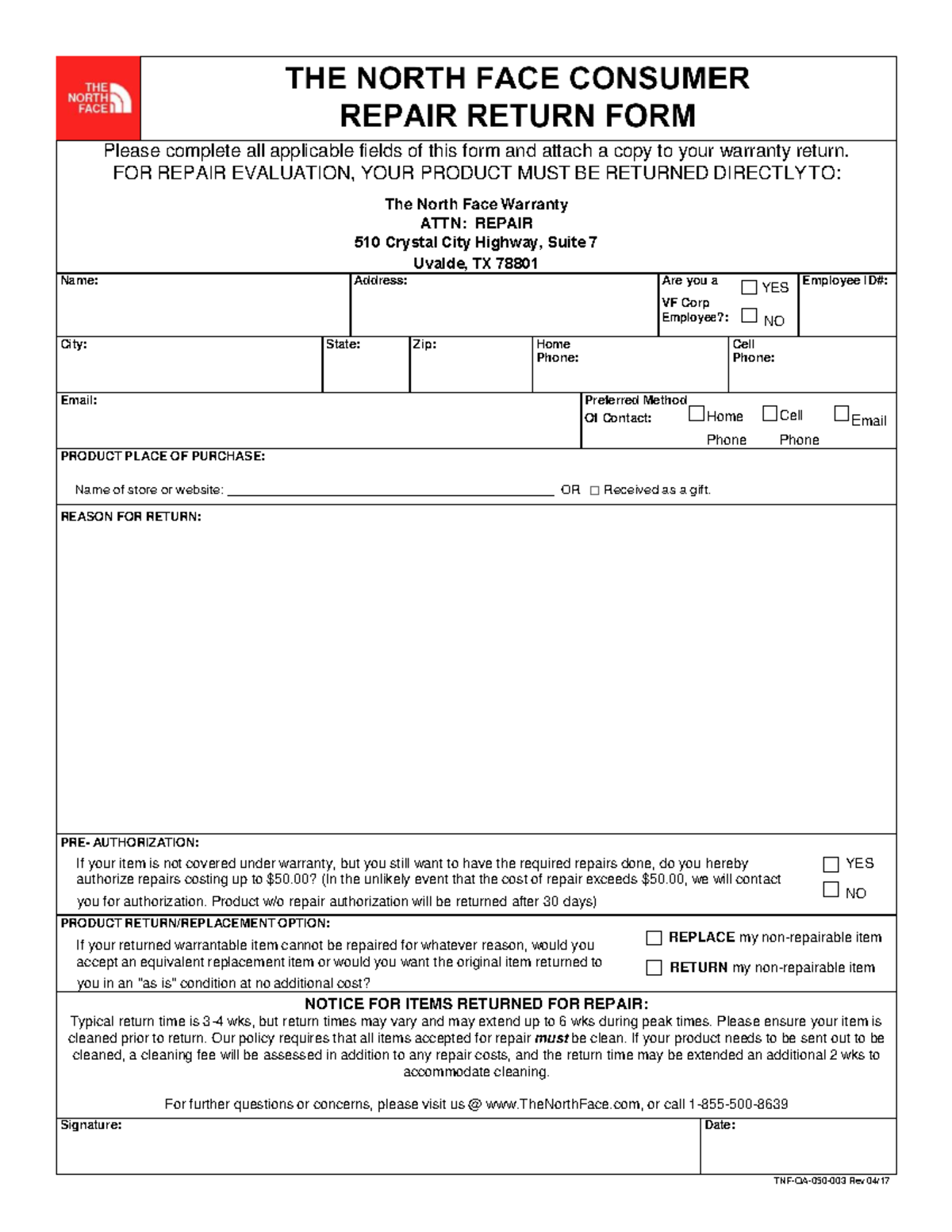 TNF Warranty Form Uvaldepdf Please complete all applicable fields of