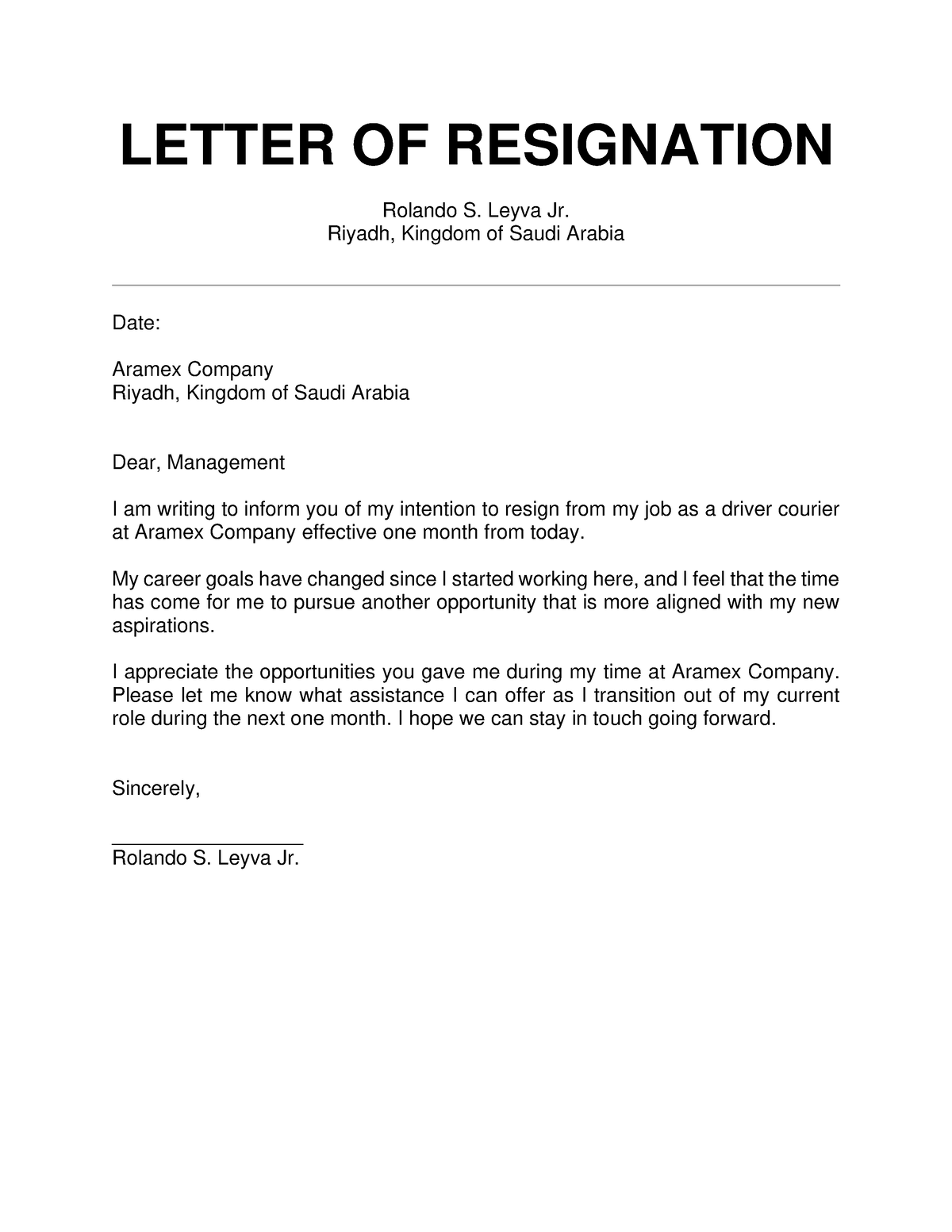 Resignation Letter-Rolando Leyva - LETTER OF RESIGNATION Rolando S ...