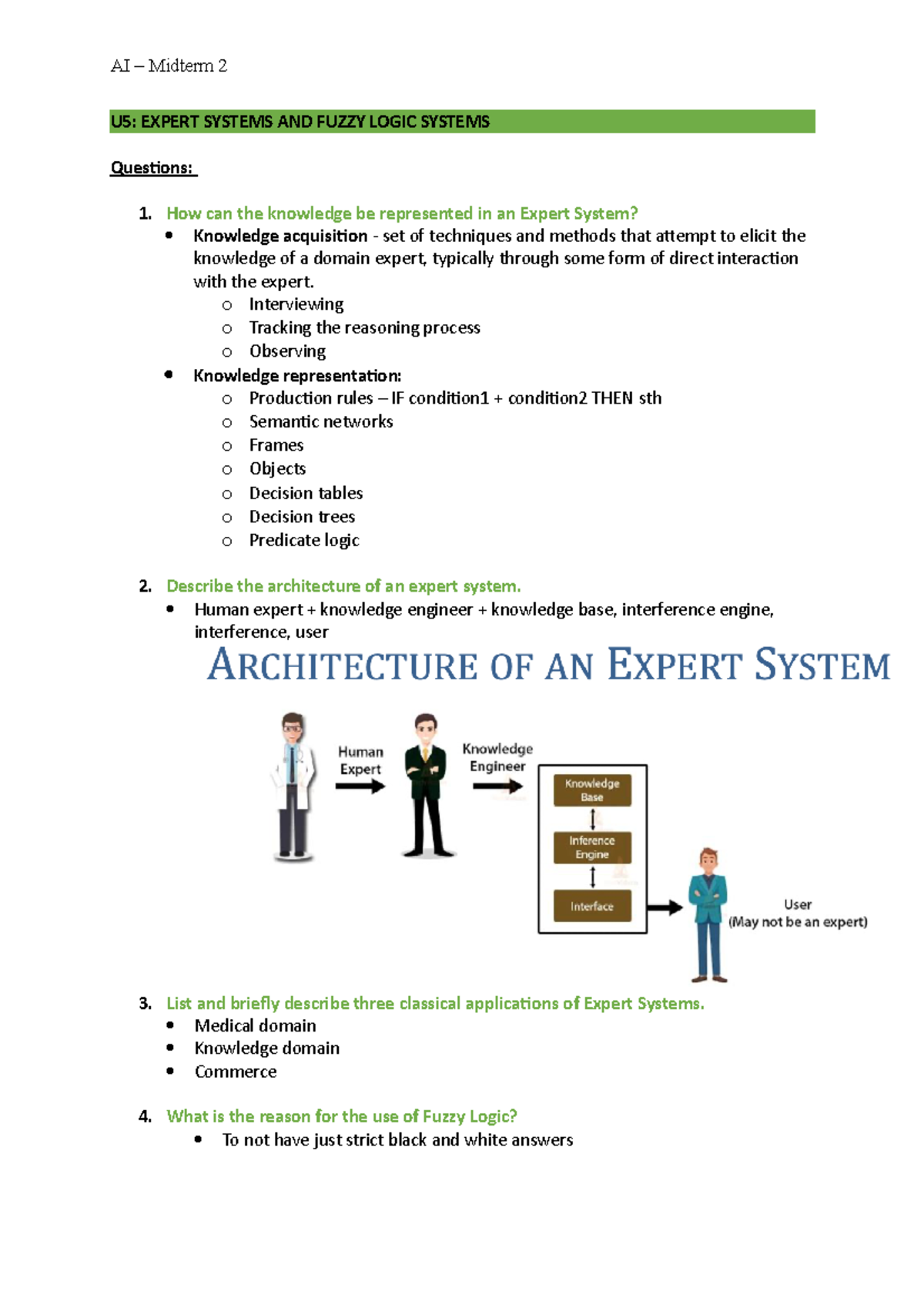 Midterm 2-notes - U5: EXPERT SYSTEMS AND FUZZY LOGIC SYSTEMS Questions ...