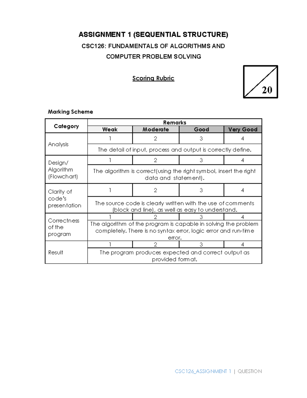 Rubric PAIR Assignment 1 oct-feb25 - CSC126_ASSIGNMENT 1 | QUESTION ...