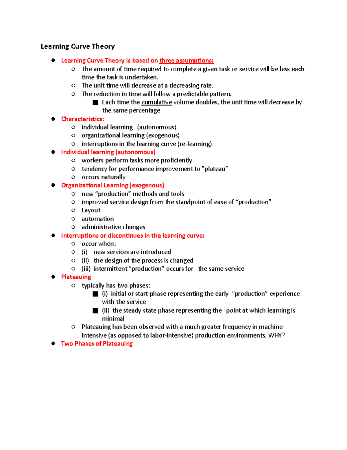 MGMT 4260 Exam 3 - Test 3 study guide - Learning Curve Theory Learning ...
