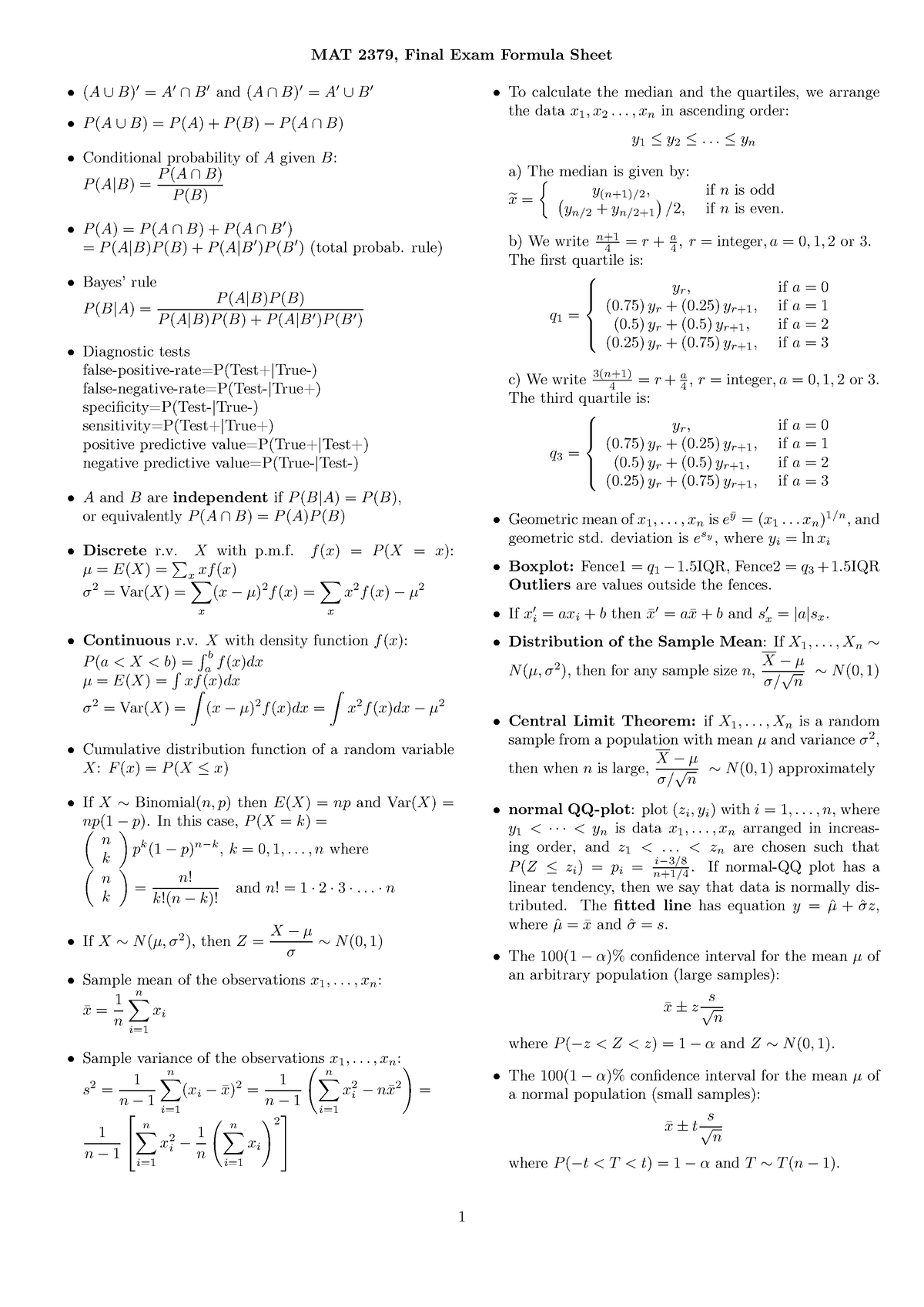 2379 final formula sheet - MAT 2379, Final Exam Formula Sheet (A ∪ B ...