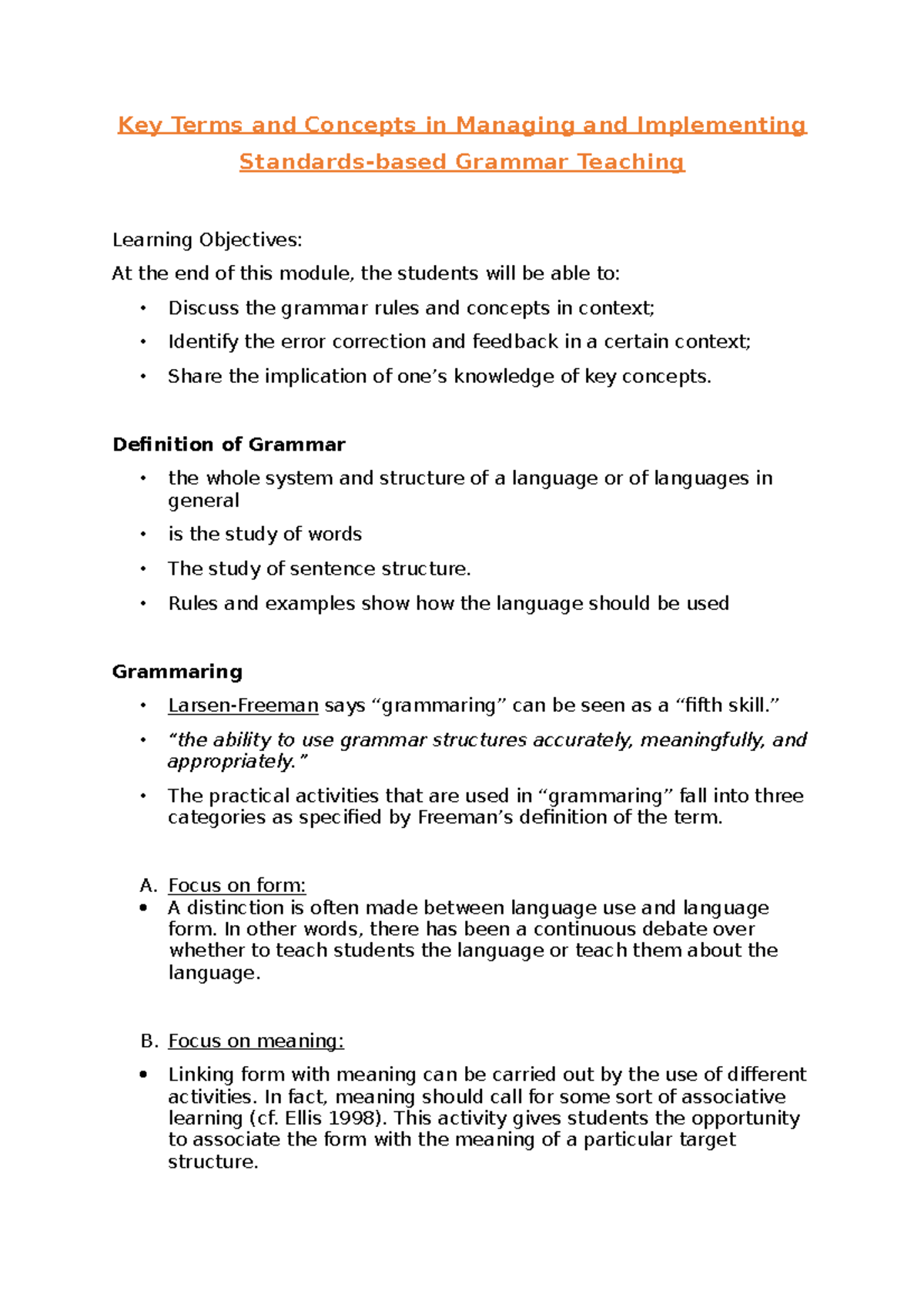 Standardsbased Grammar Teaching Key Terms and Concepts in Managing