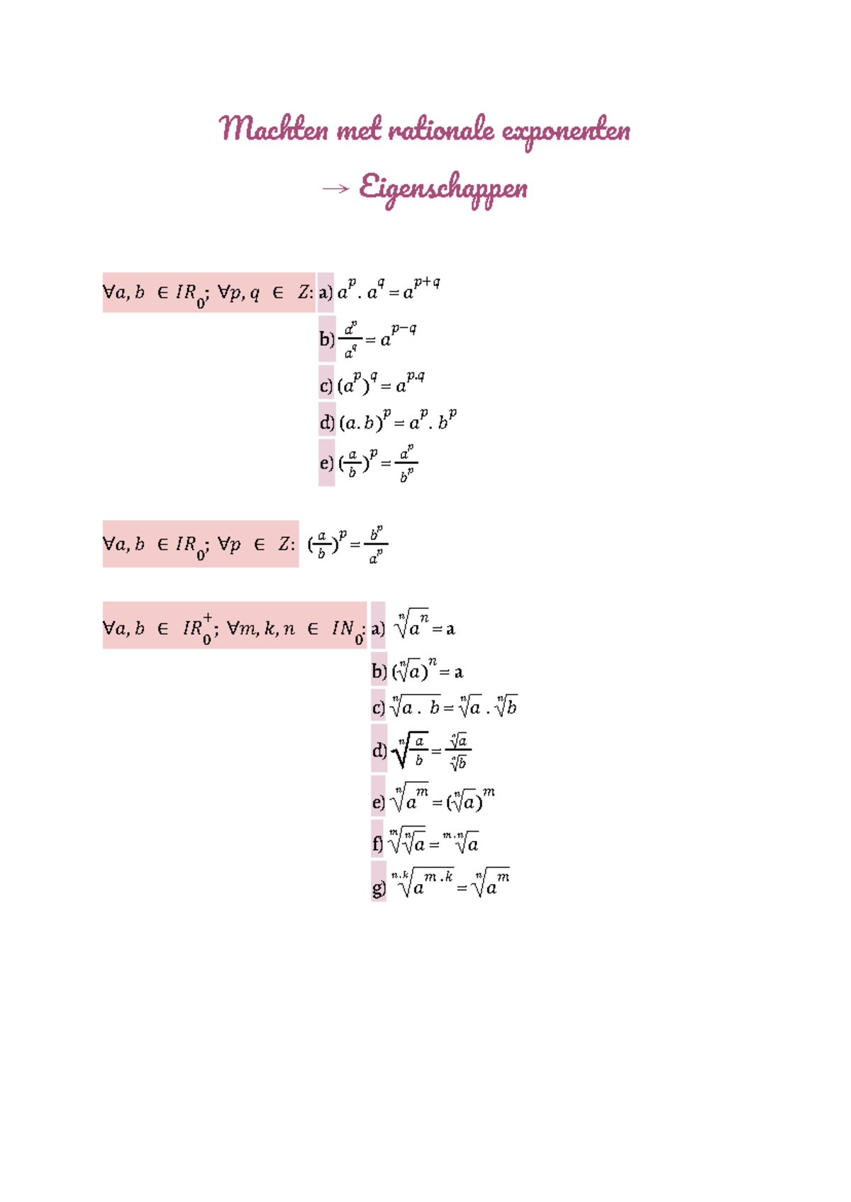 Wiskunde eigenschappen - Machte me rational exponente → Eigenschappe ∀𝑎 ...