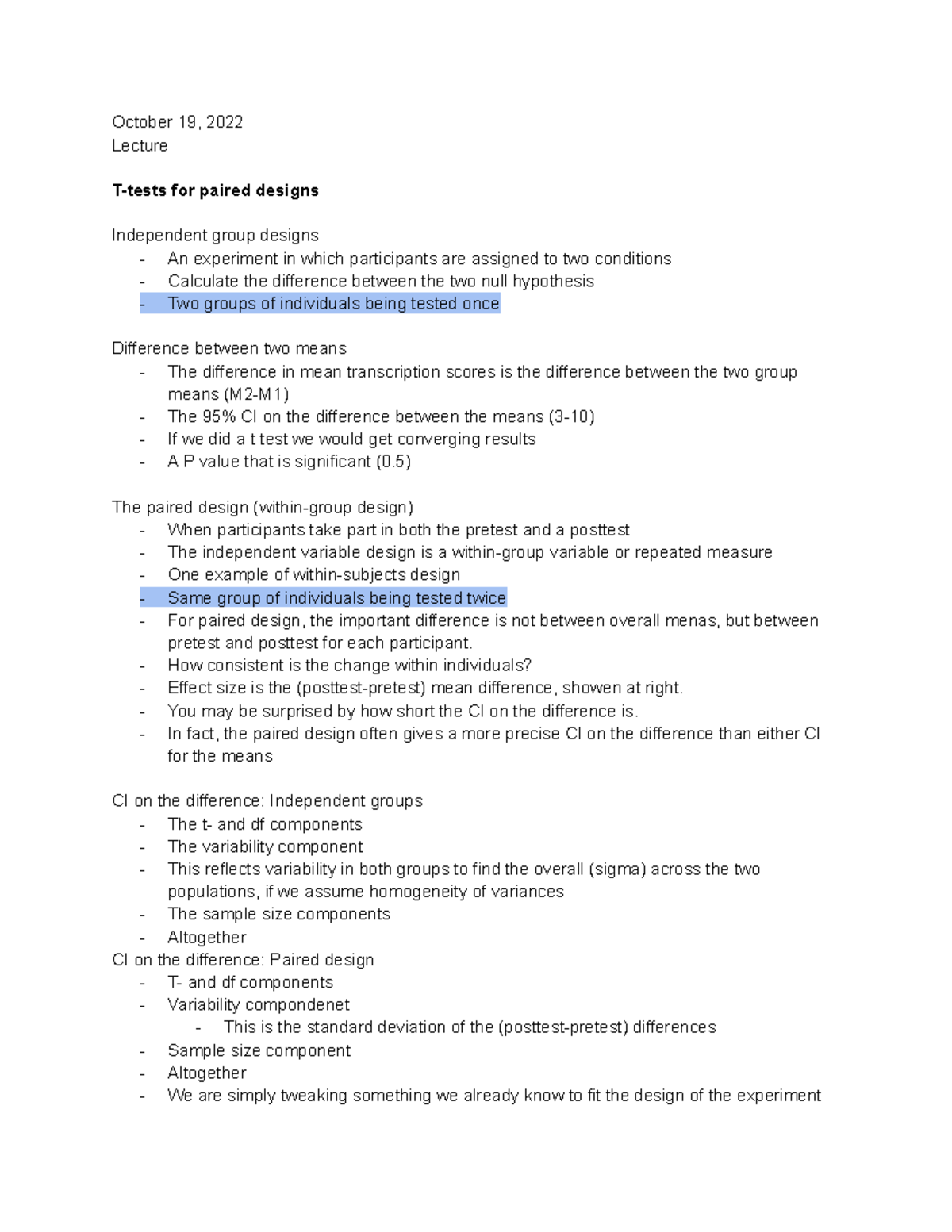 PSYC3290 Notes - October 19, 2022 Lecture T-tests For Paired Designs ...