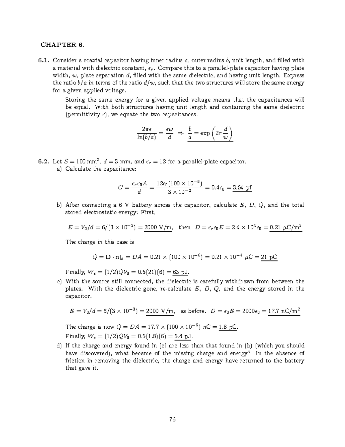 Hayt8e Sm Ch6 전자기학 Dontknow 성균관대학교 Chapter Consider Coaxial Capacitor Having Inner Radiusa Outer Radiusb Unit Length And Filled With Material With Studocu