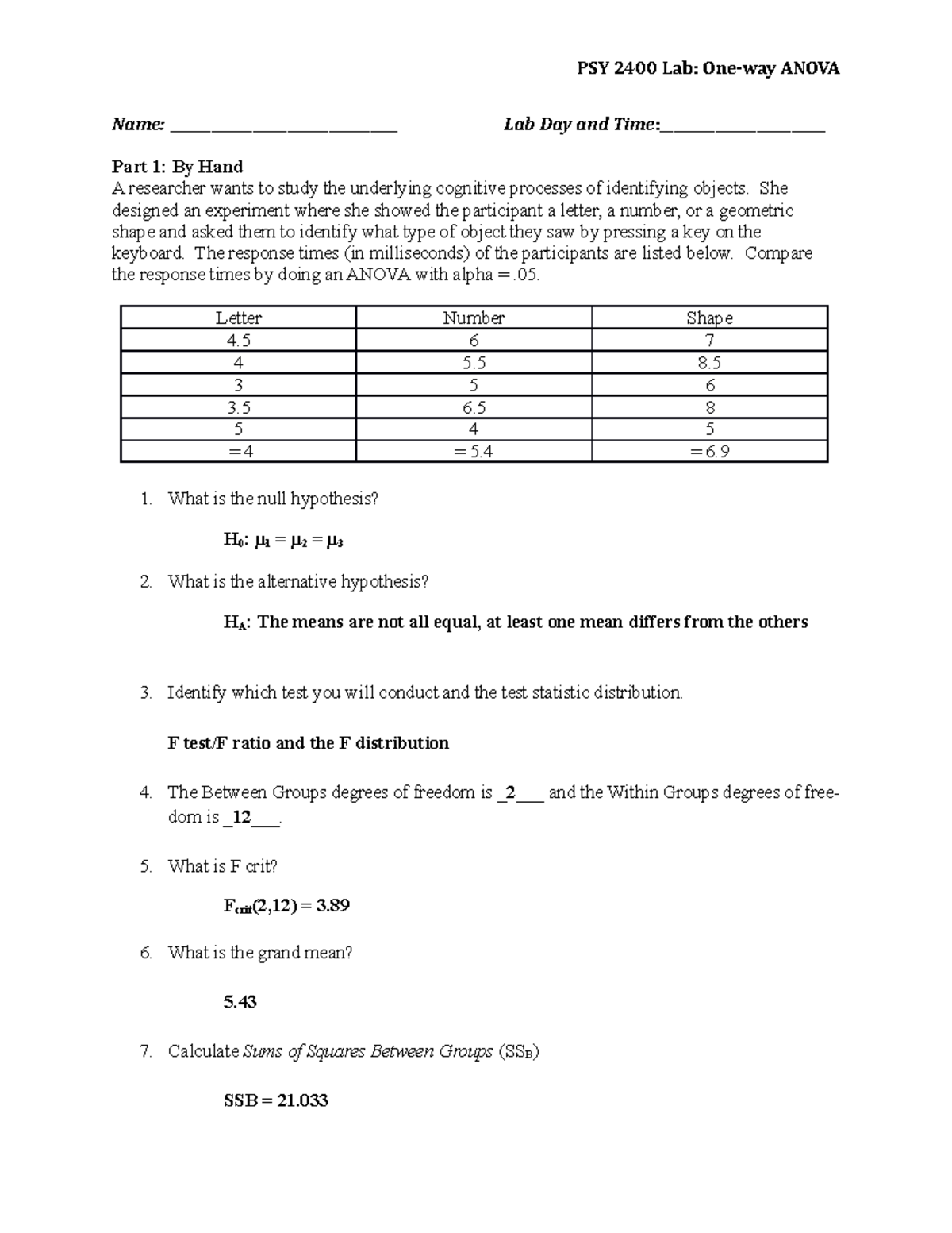 One way Anova Assignment 10 lab answers - Name ...