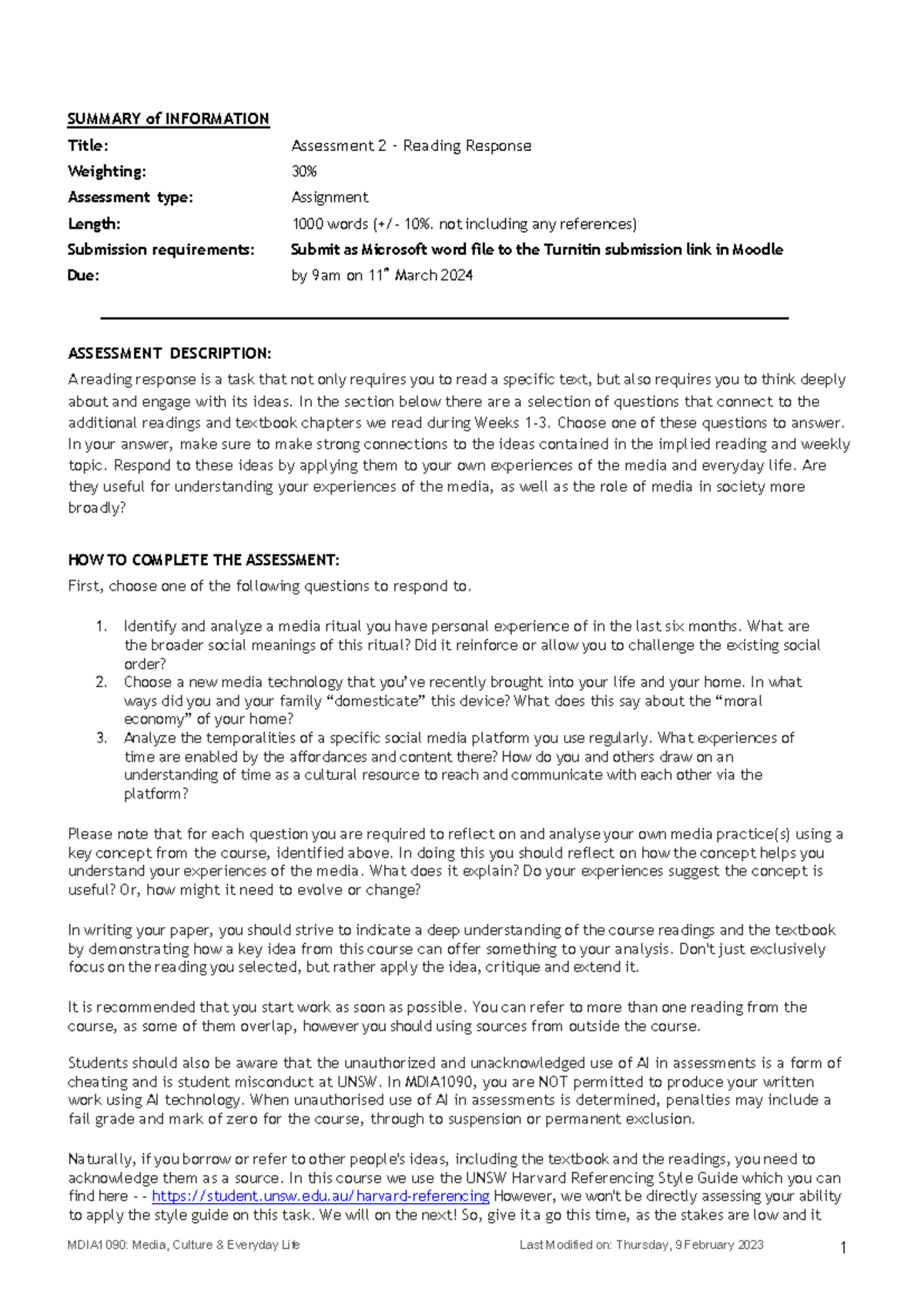 Assessment Task 2 - MDIA1090: Media, Culture & Everyday Life Last ...