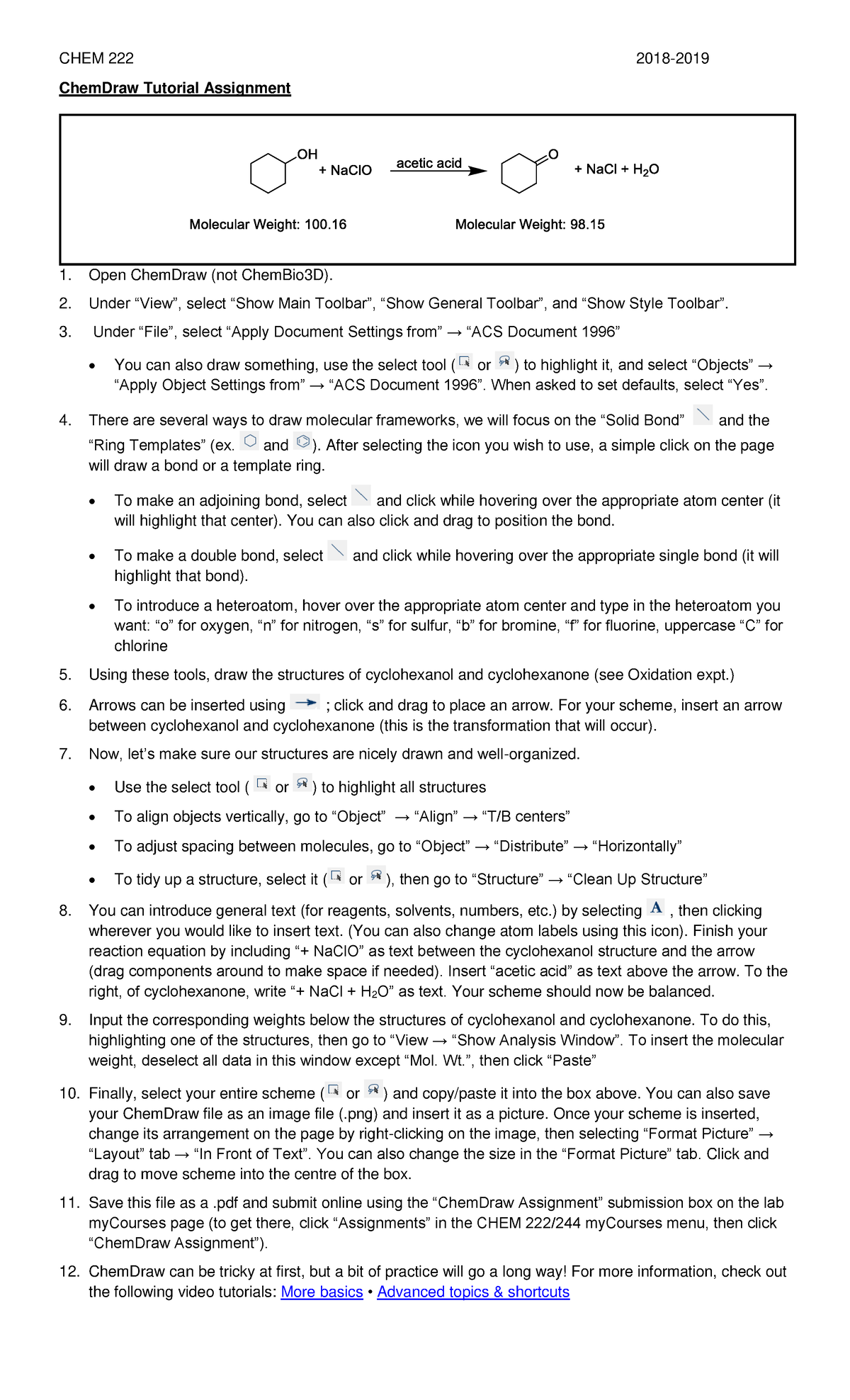 222 chemdraw assignment pdf - CHEM 222 2018-2019 ChemDraw Tutorial ...