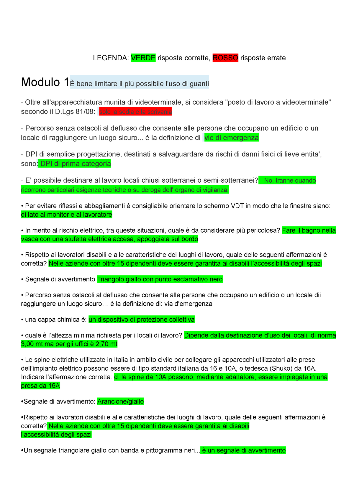 Modulo B - Sicurezza - LEGENDA: VERDE Risposte Corrette, ROSSO Risposte ...