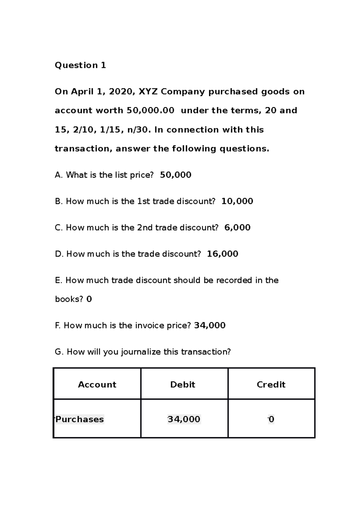 Questions - discounts - Question 1 On April 1, 2020, XYZ Company ...