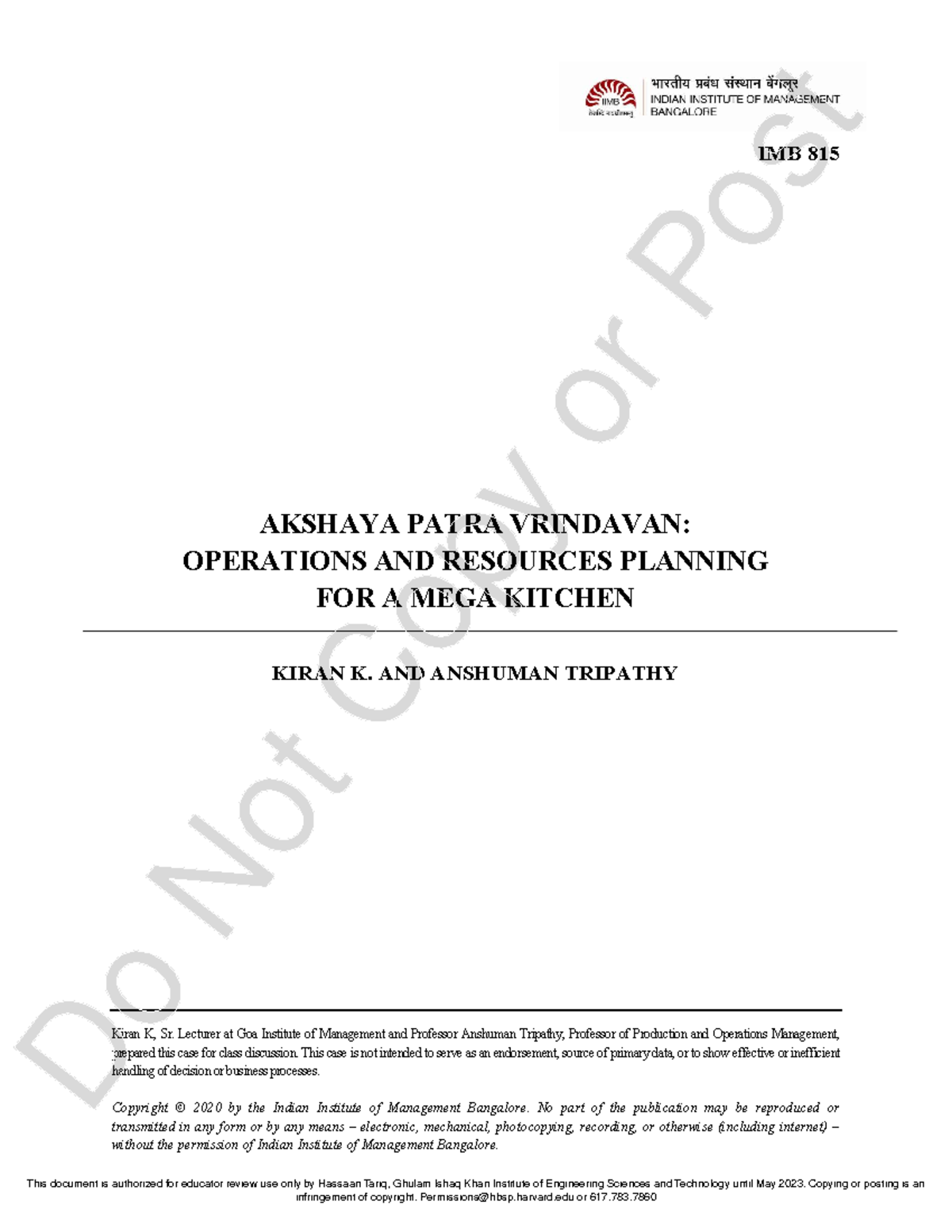 Case Study MPS and MRP - IMB 815 AKSHAYA PATRA VRINDAVAN: OPERATIONS ...