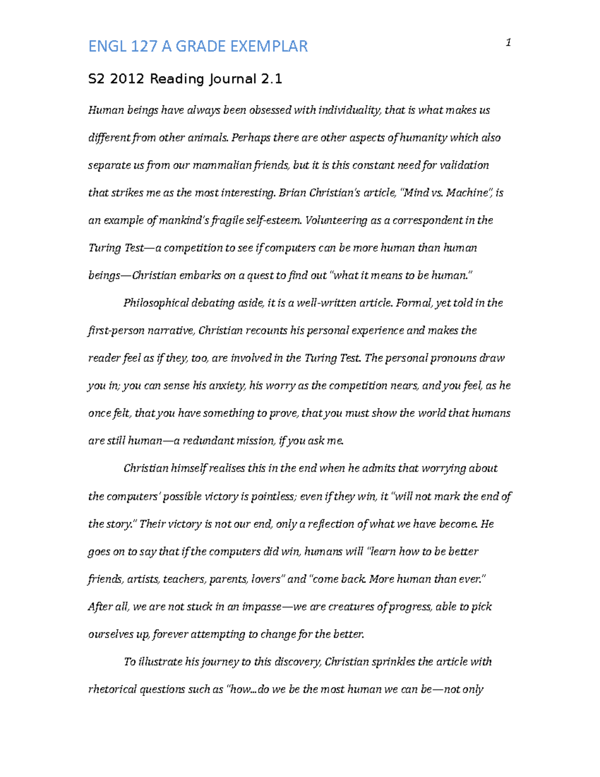 A example Reading Journal ENGL 127 A GRADE EXEMPLAR S2 2012 Reading