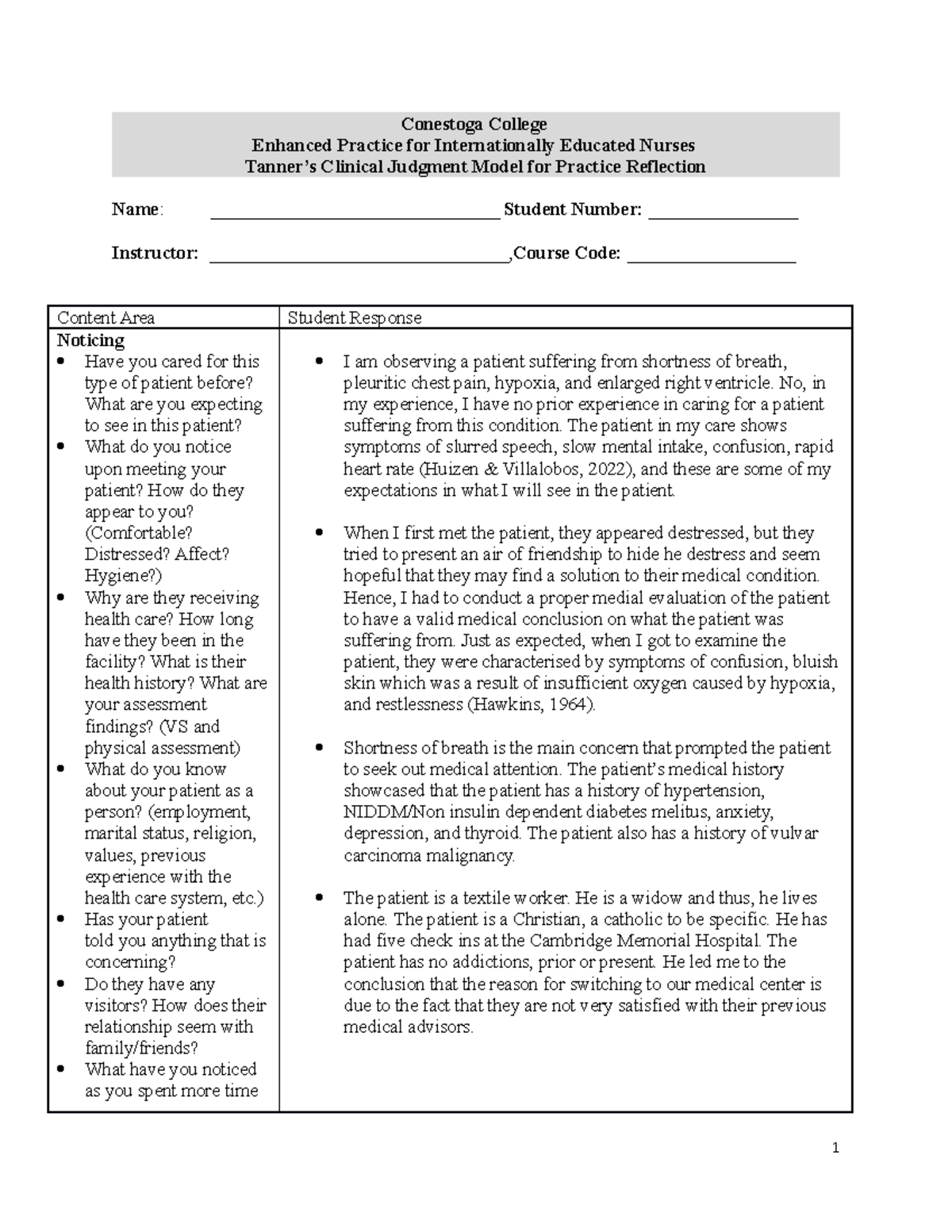 Tanners Clinical Judgement[ 463] Conestoga College Enhanced Practice