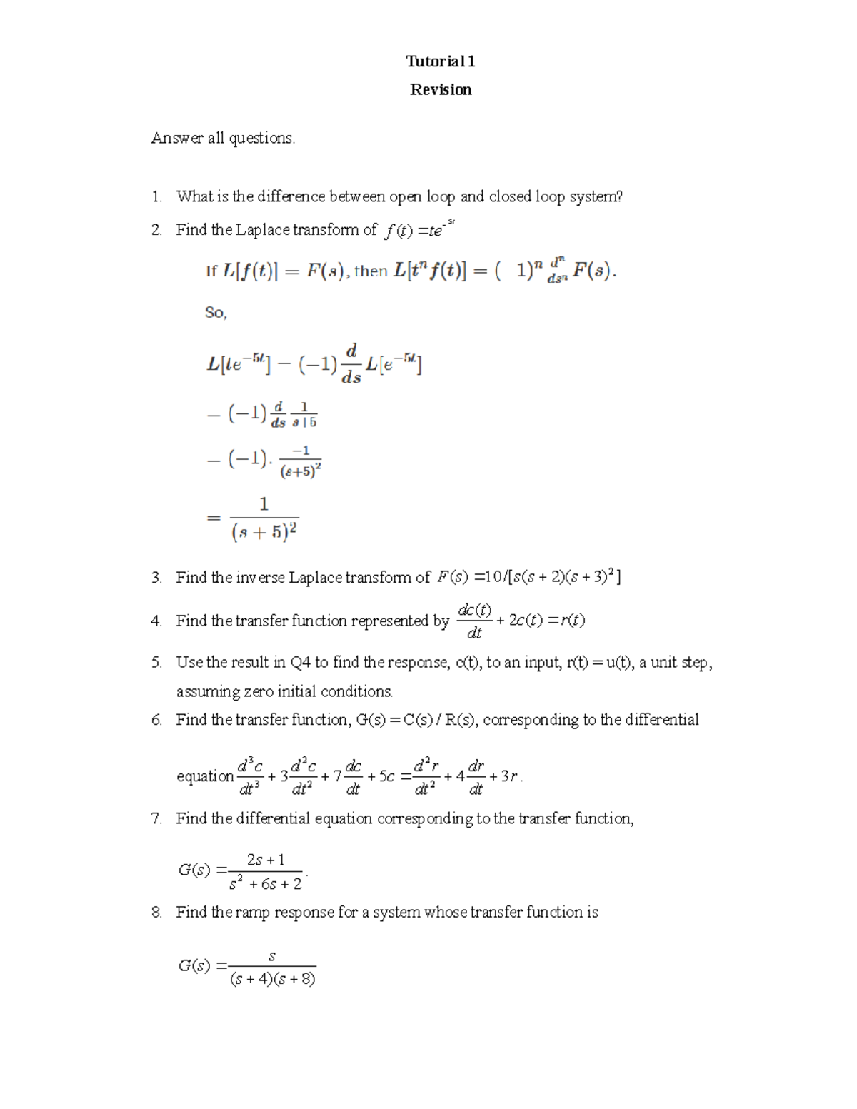 Tutorial 1 Laplace Transform Tutorial 1 Revision Answer All Questions What Is The