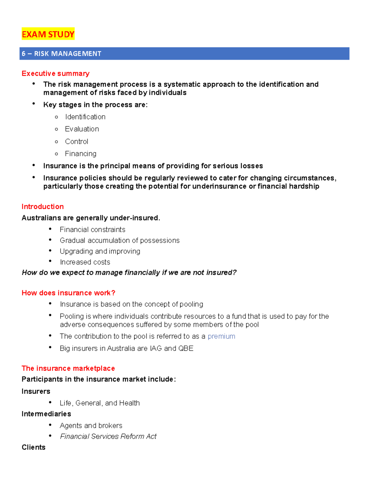 Weeks 6-12 study notes for exam - EXAM STUDY 6 – RISK MANAGEMENT ...