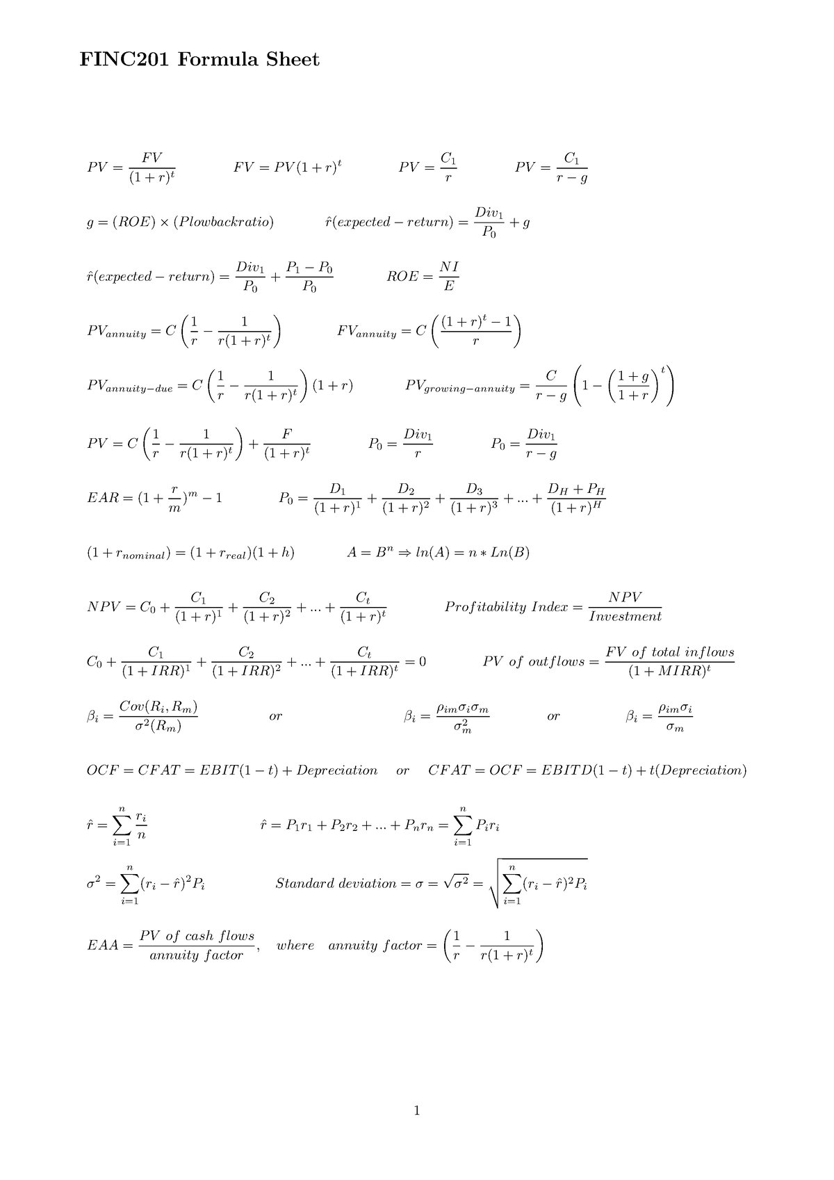 Formula Sheet 2021-s2 Final Exam - Finc201 Formula Sheet P V= F V (1 +r 