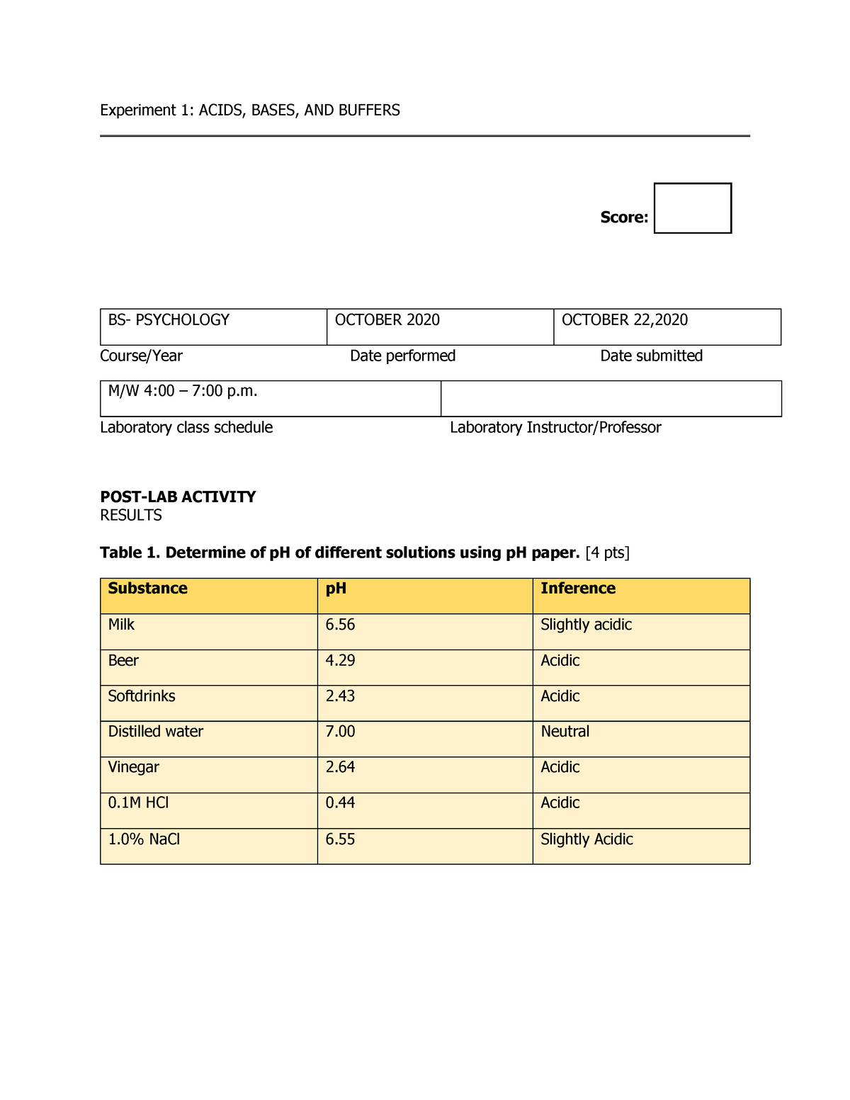 Acid Bases And Buffers Post-Lab Activity - Experiment 1: ACIDS, BASES ...