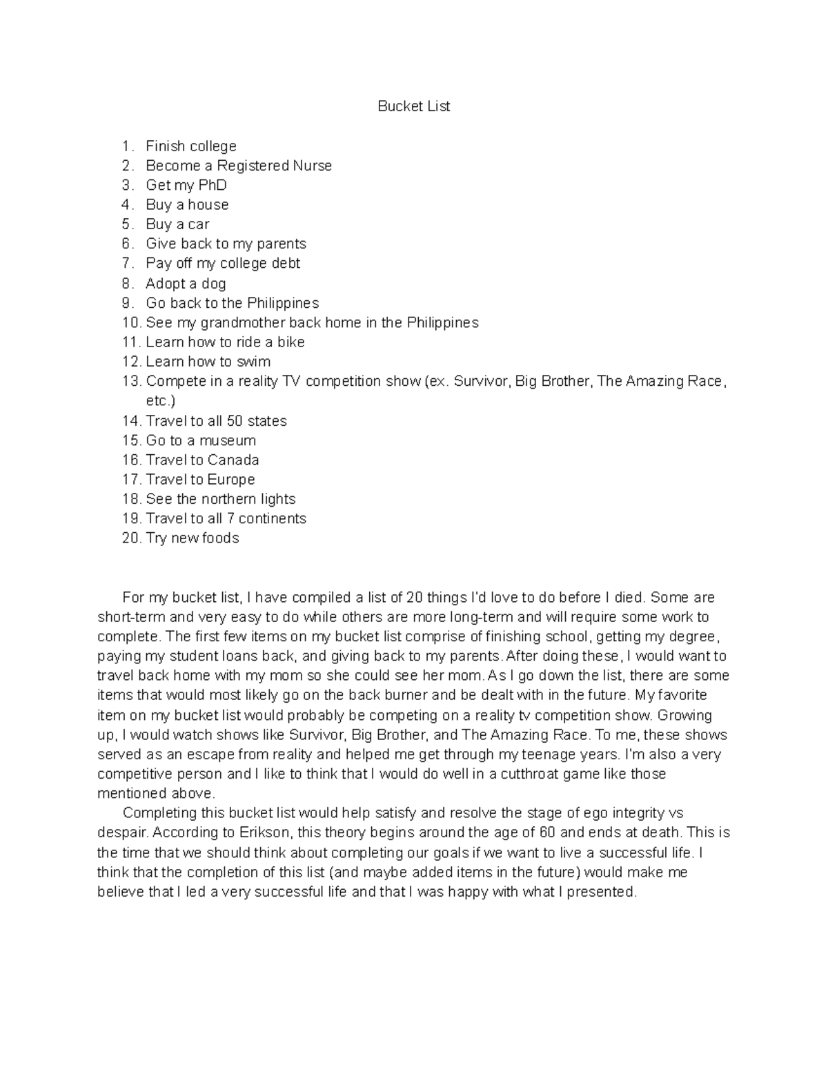 PSY 230 Bucket List - Bucket List Finish college Become a Registered ...