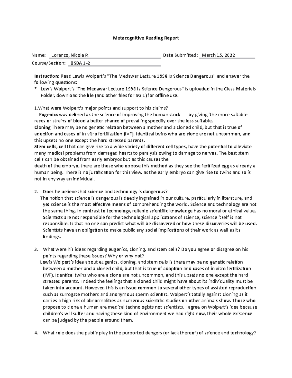 assignment 9 metacognitive reading report