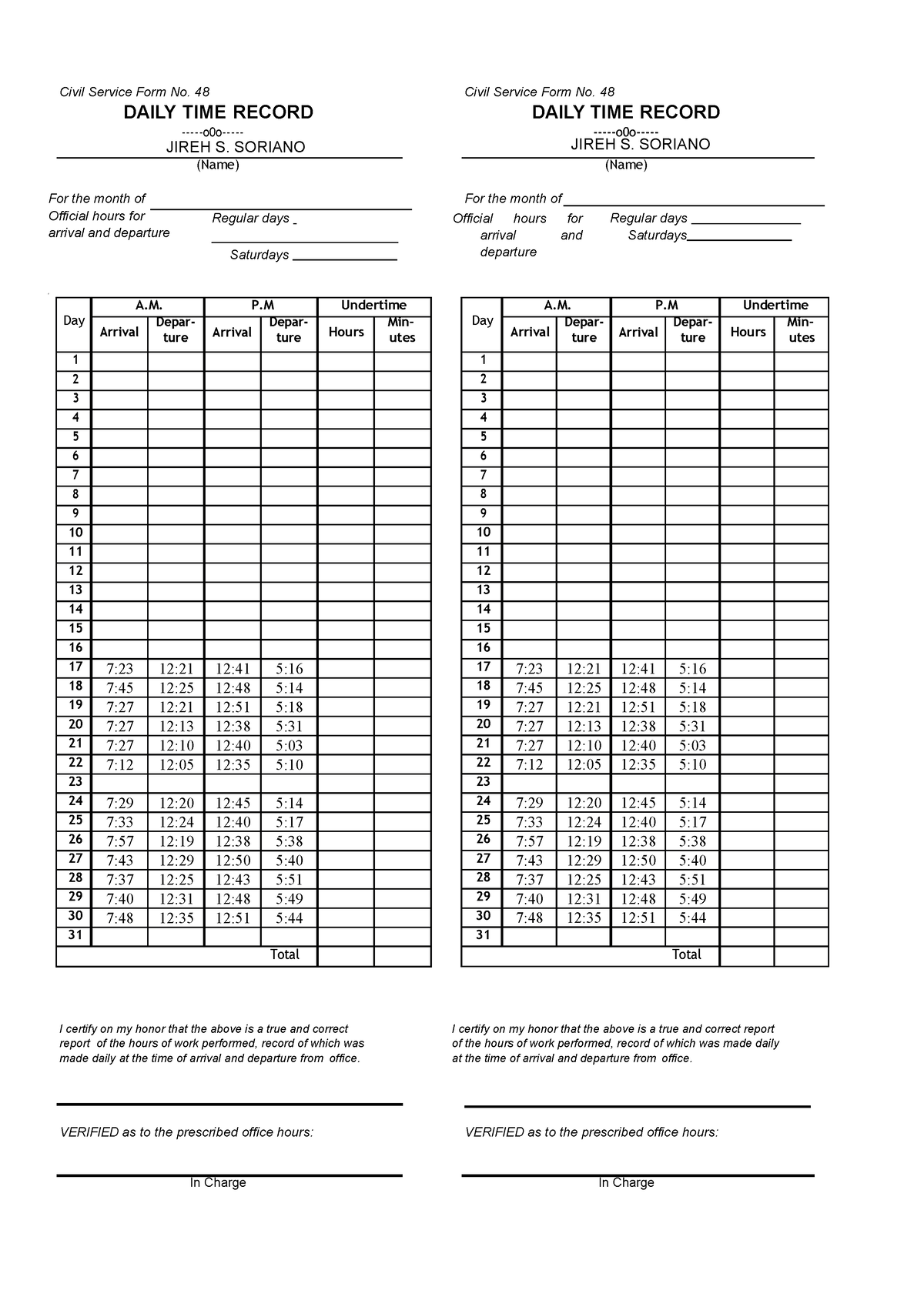 DTR- Jireh-S - DGDFHDF - Civil Service Form No. 48 Civil Service Form ...