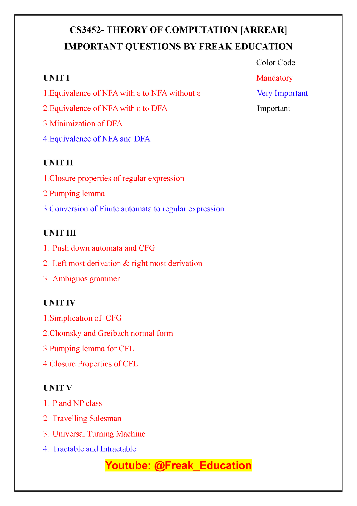 CS3452 Theory Of Computation Important Questions - CS3452- THEORY OF ...