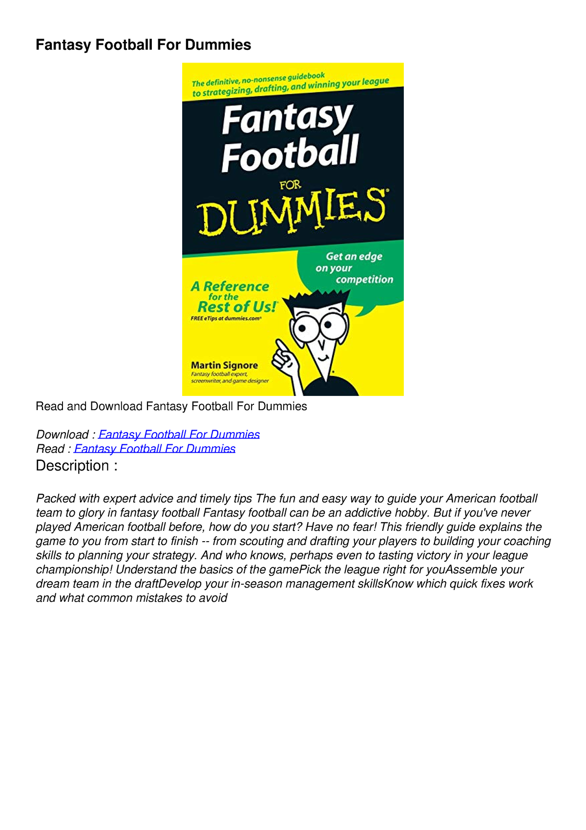 PDF] DOWNLOAD FREE Fantasy Football For Dummies download - Fantasy Football  For Dummies Read and - Studocu