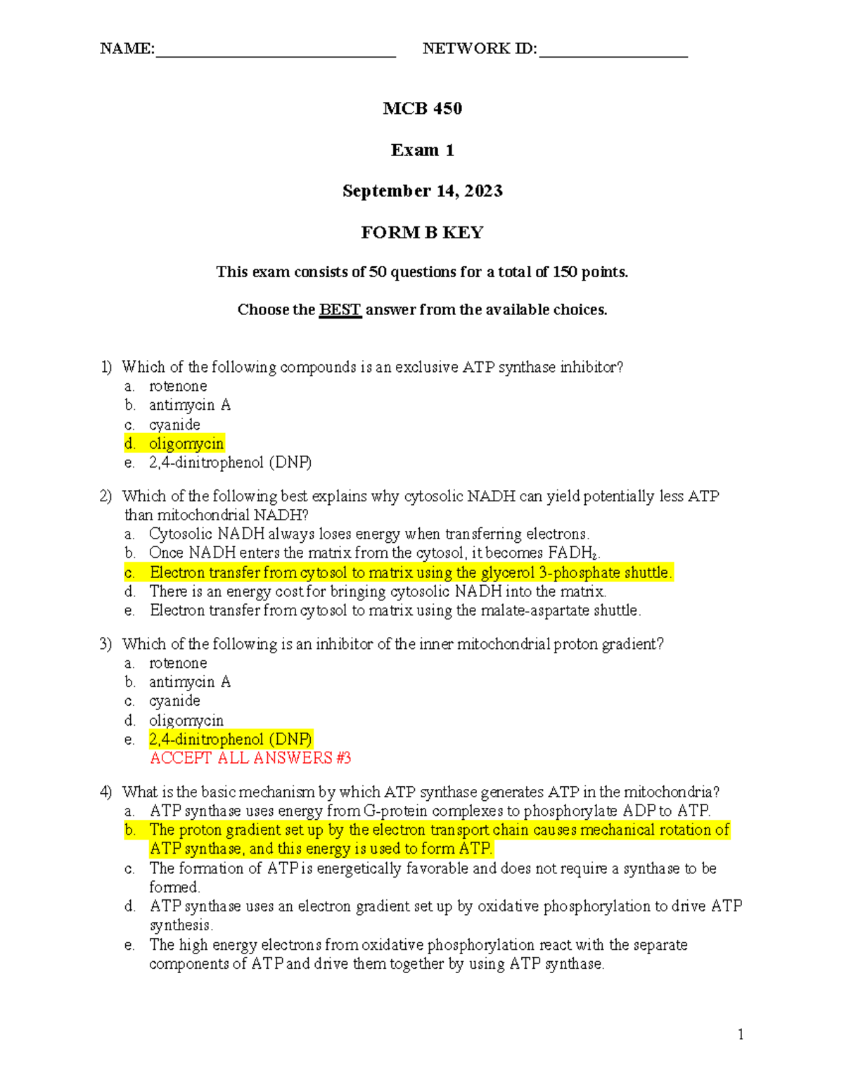 MCB 450 FA23 Exam 1 FORM B KEY - NAME ...