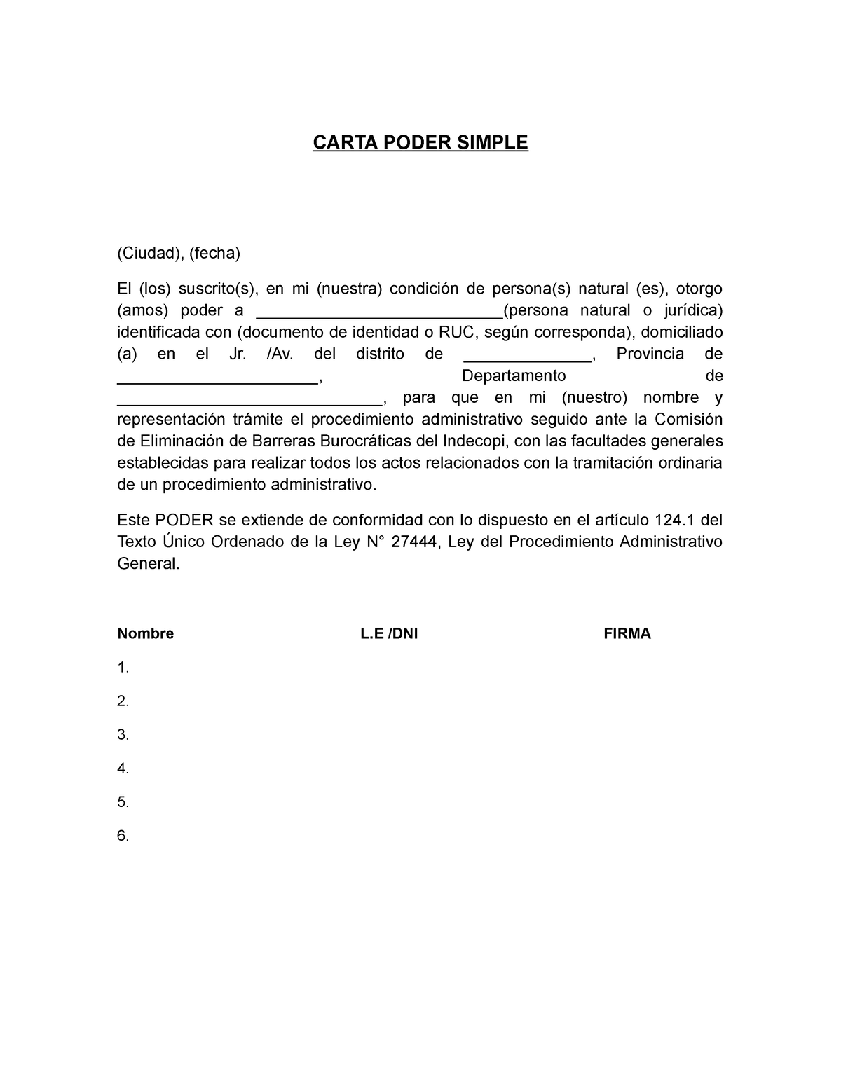 Carta Poder Simple - Ejemplo - CARTA PODER SIMPLE (Ciudad), (fecha) El ...