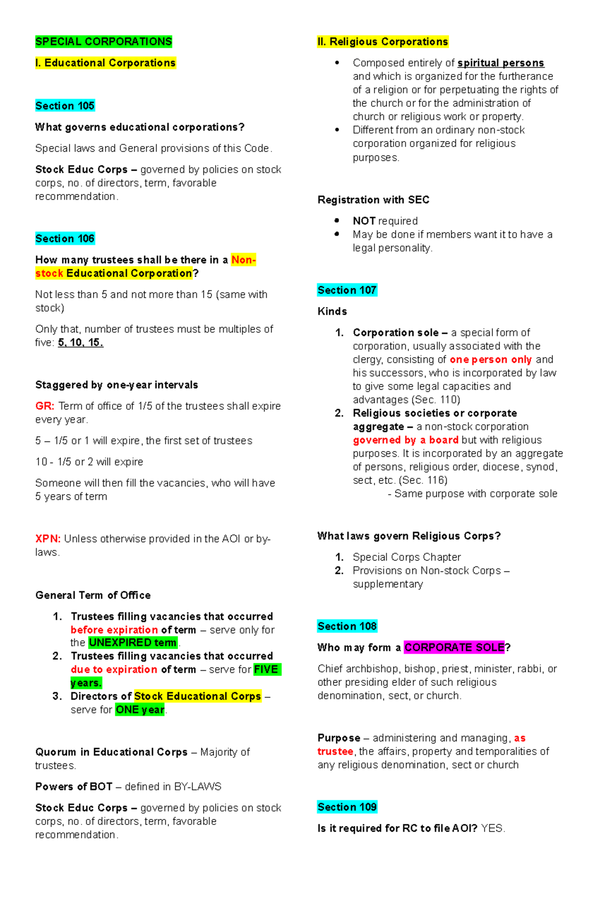 Sec 105132 Spec Corps notes Copy SPECIAL CORPORATIONS I