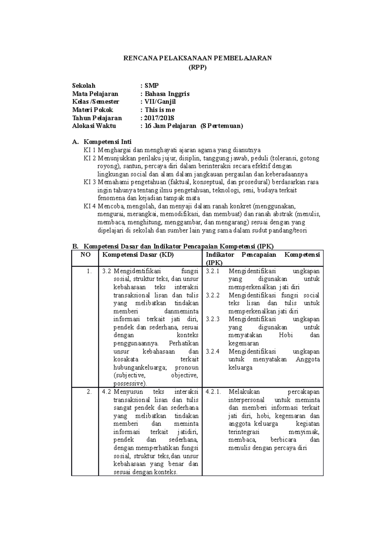 Bahasa Inggris Kelas 7 RPP 2 - RENCANA PELAKSANAAN PEMBELAJARAN (RPP ...