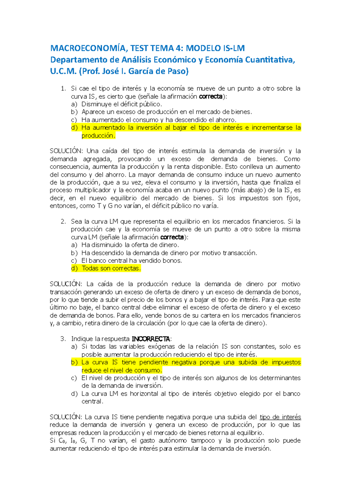 SOLTest Tema4 18-19 - Apuntes 4 - MACROECONOMÍA, TEST TEMA 4: MODELO IS ...