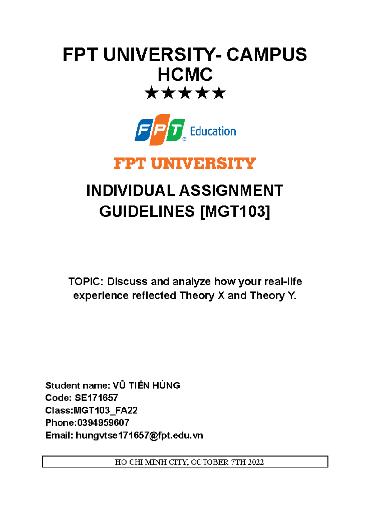 MGT103-VŨ TIẾN HÙNG -SE171657 - FPT UNIVERSITY- CAMPUS HCMC ...