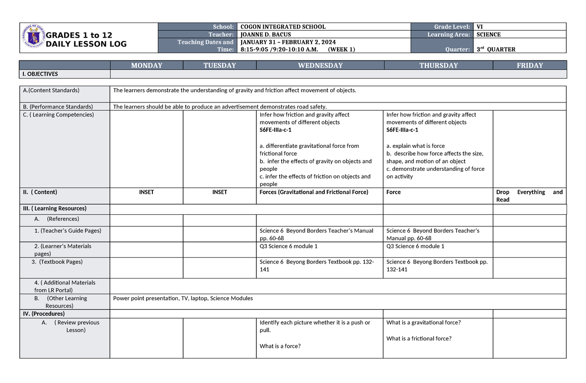 DLL Science 6 Q3 W1 - none at all - GRADES 1 to 12 DAILY LESSON LOG ...