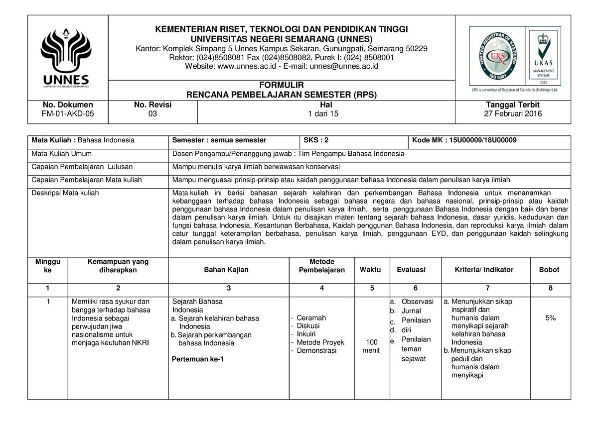 RPS B.INDO (sem 1) - Rencana Pembelajaran Semester - UNIVERSITAS NEGERI ...