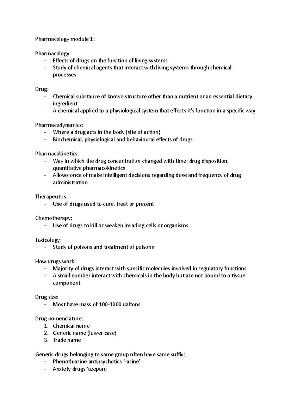 Pharmacology module 1 - Week 1 lecture notes - Pharmacology module 1 ...