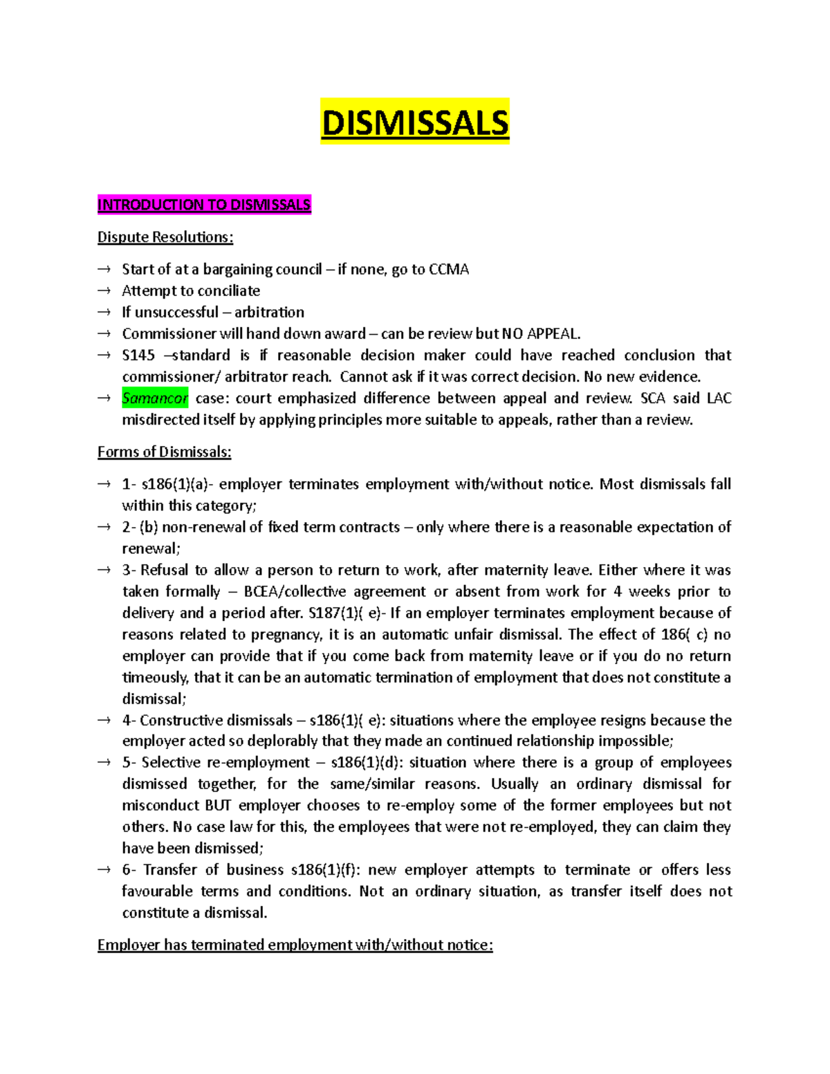 Labour Law Notes on Dismissals (including misconduct and operational ...