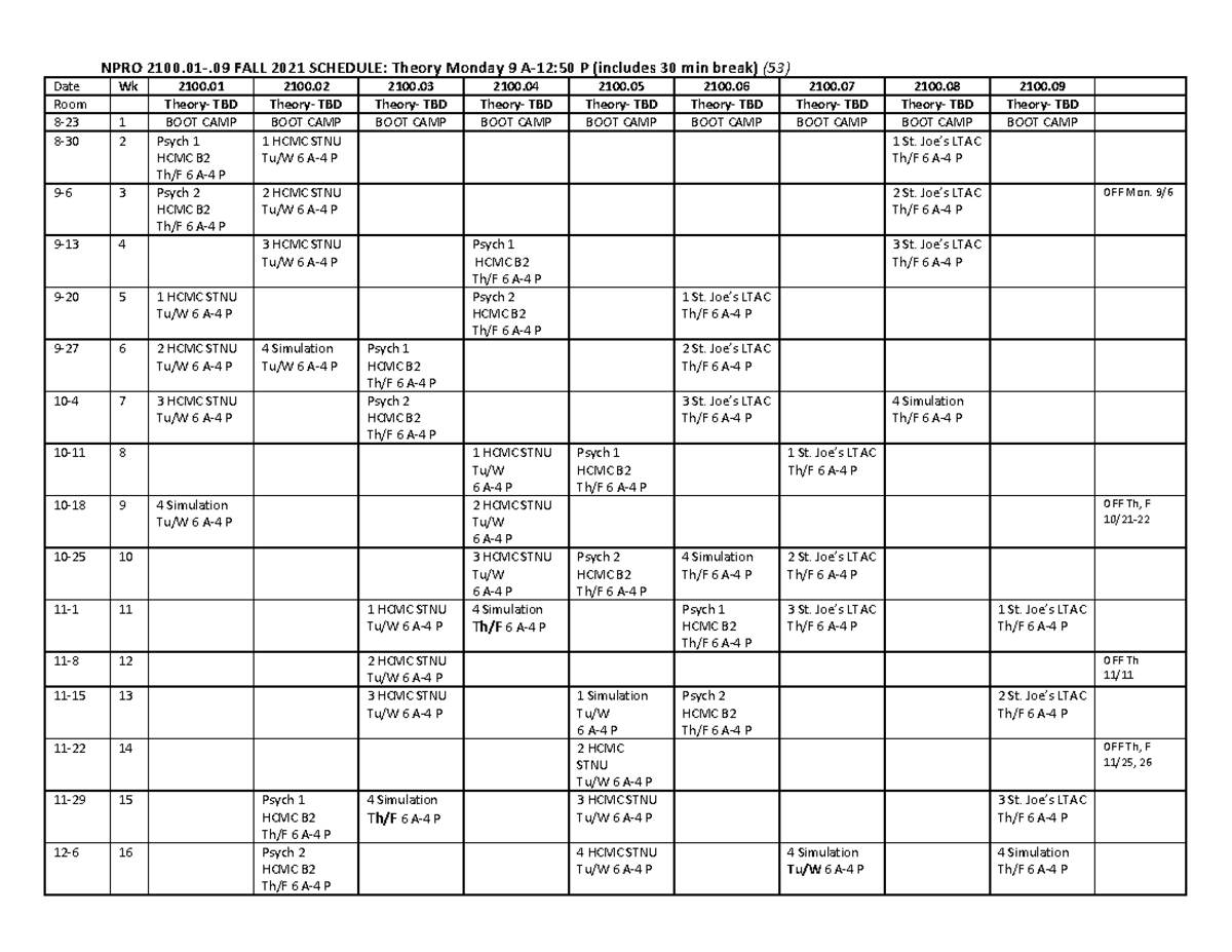 Clinical schedule - NPRO 2100- FALL 2021 SCHEDULE: Theory Monday 9 A-12 ...