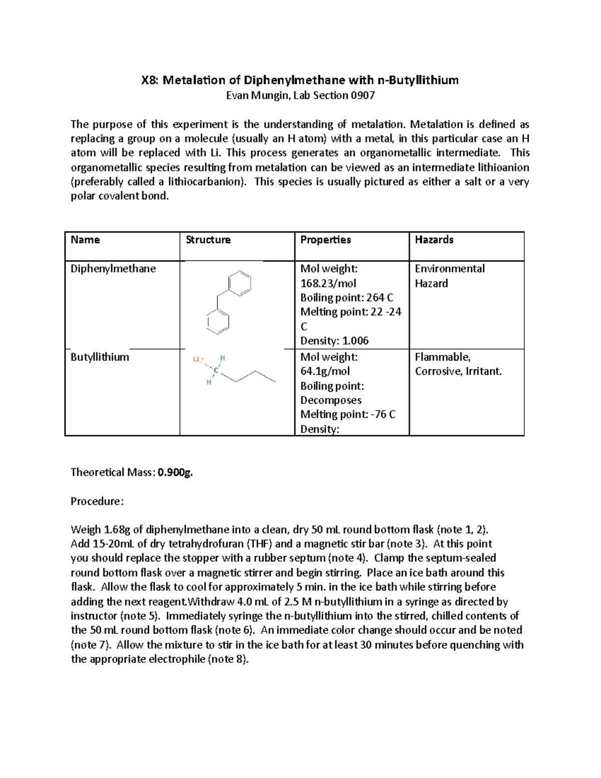 CHEM 241L PL X8 X8 Metalation of Diphenylmethane with nButyllithium