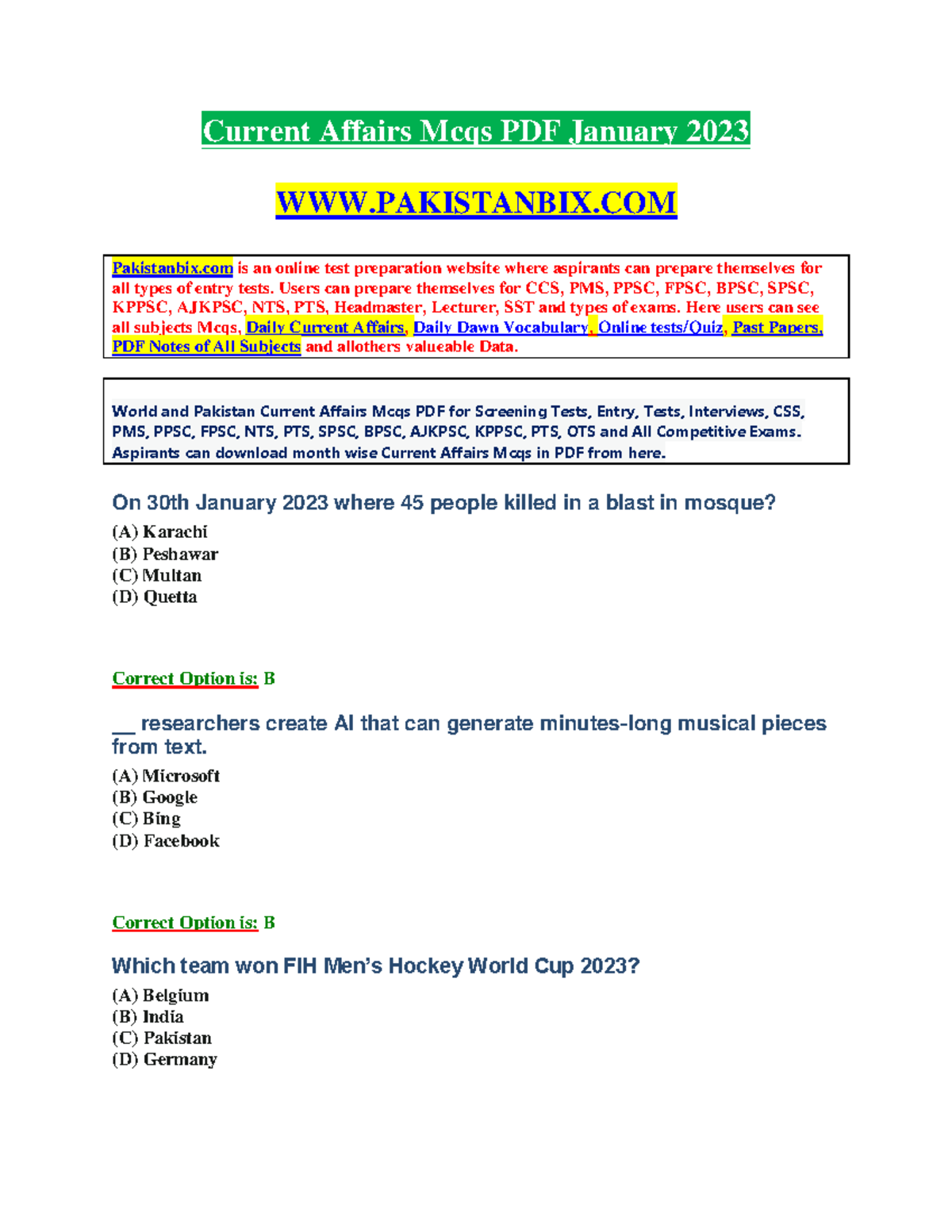 Current Affairs January 2023 PDF Free Download - Current Affairs Mcqs ...