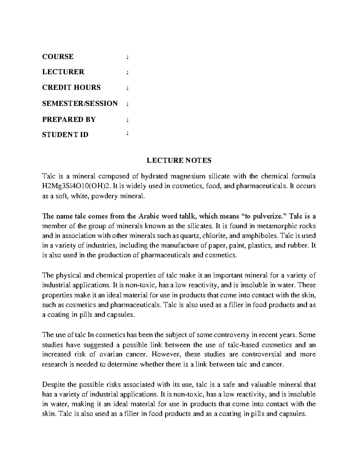 Talc Lecture Notes Csula - COURSE : LECTURER : CREDIT HOURS : SEMESTER ...