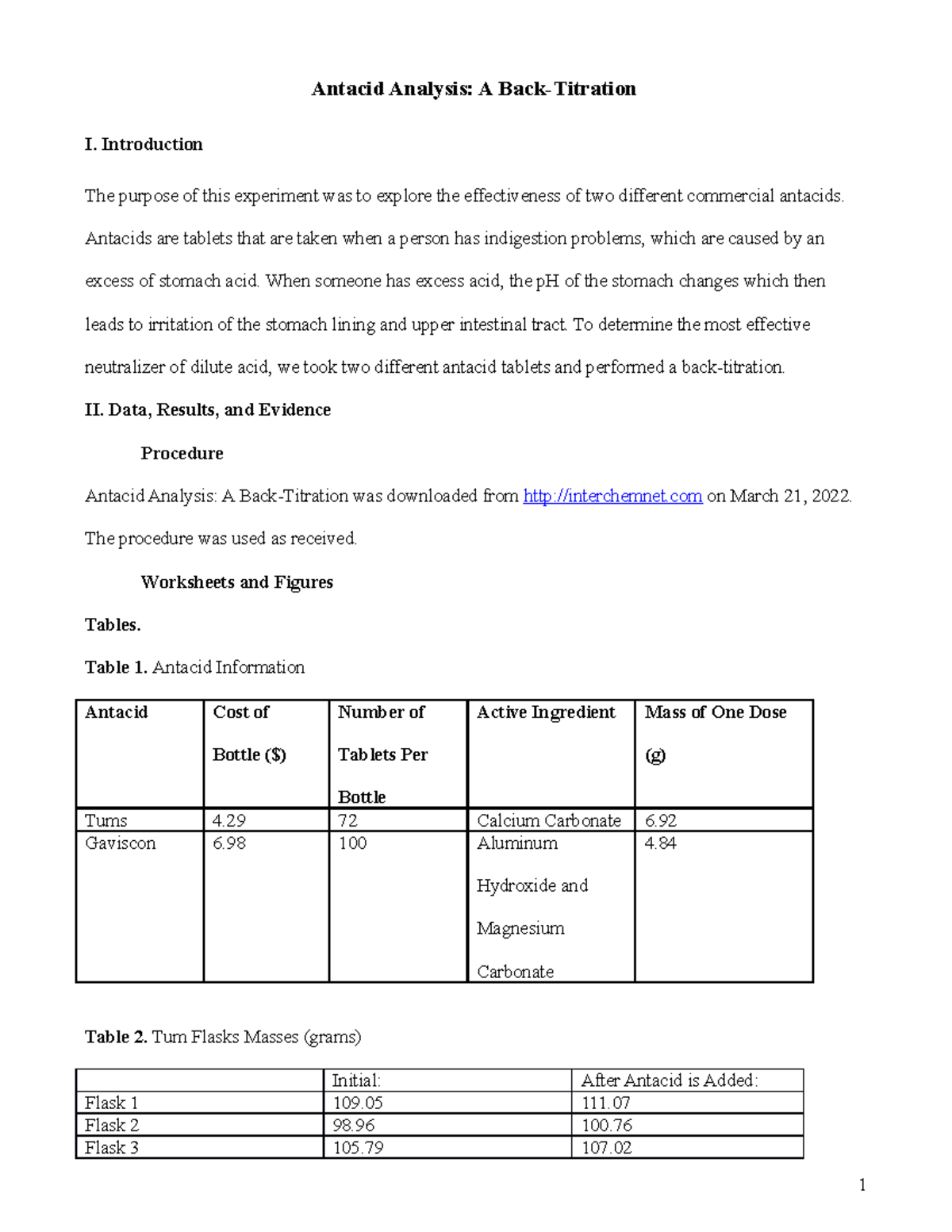 A backtitration lab report Antacid Analysis A BackTitration I