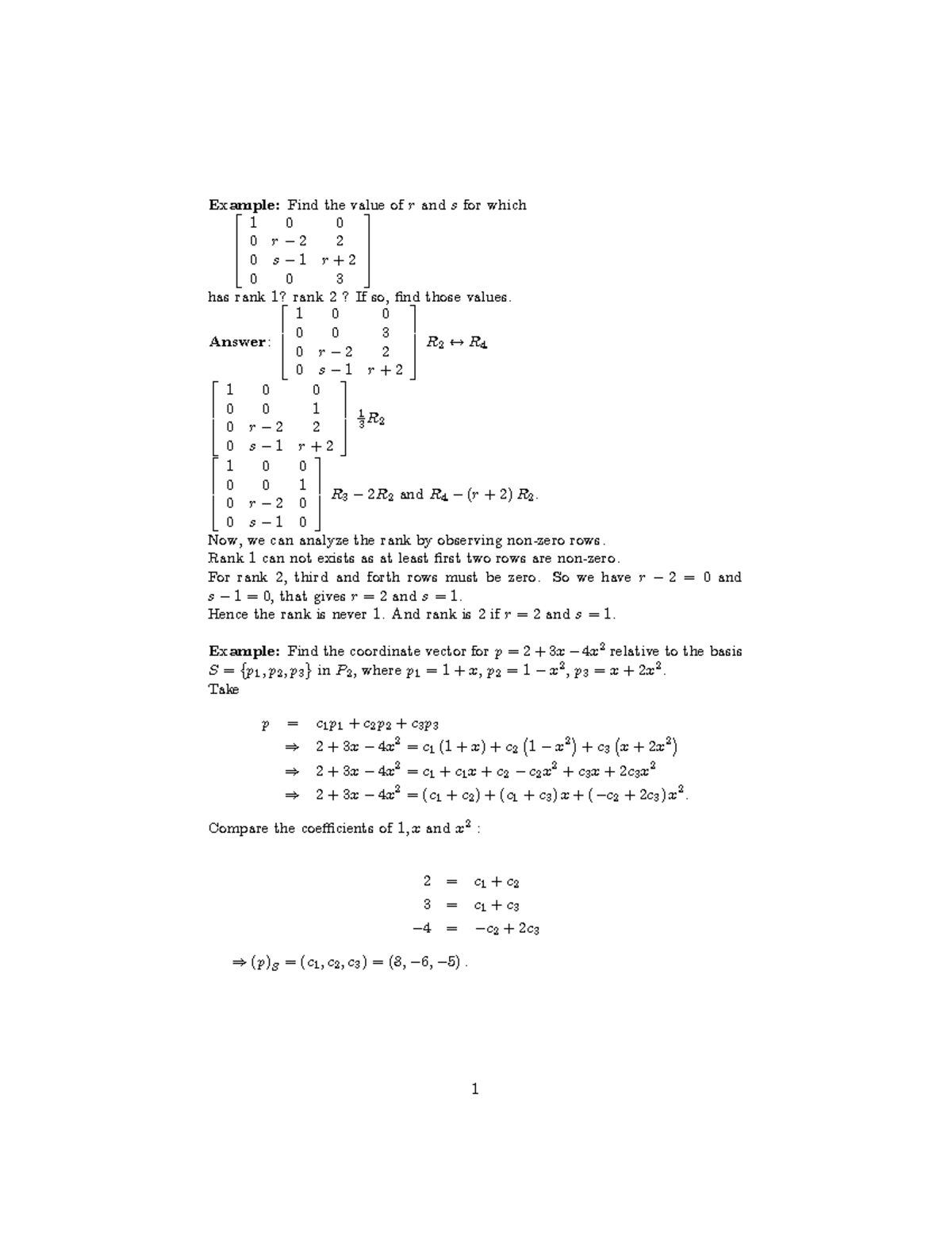 For Rank is 1 and 2 - Summary Linear Algebra - Example: Find the value ...
