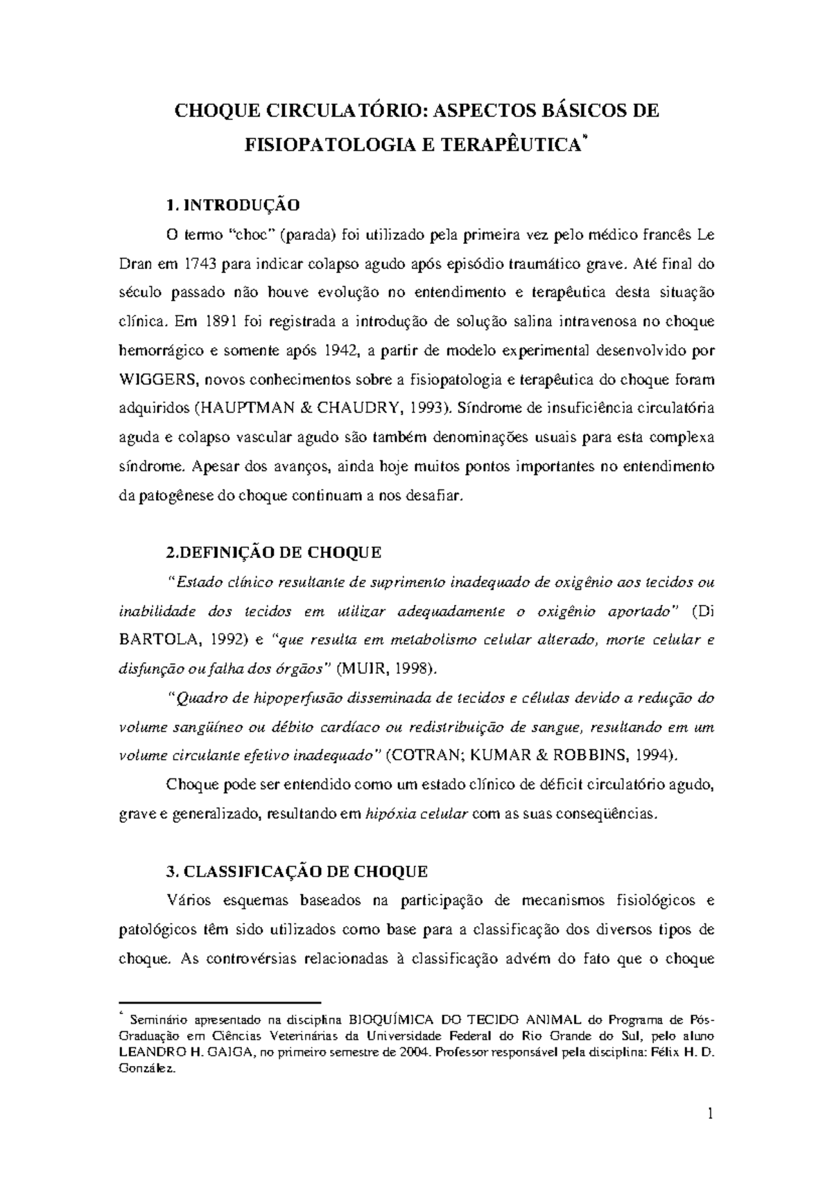 Choque-hipovolemico - Resumo - CHOQUE CIRCULATÓRIO: ASPECTOS BÁSICOS DE ...