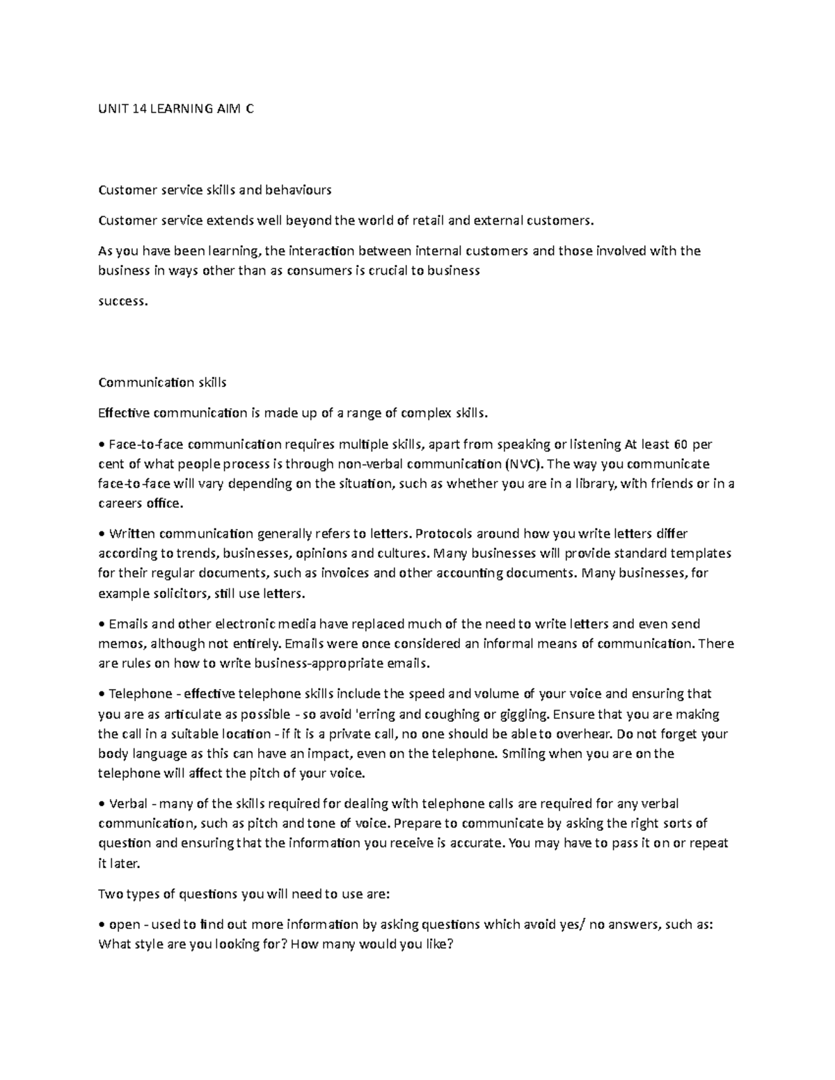 Pearson BTEC National Business Unit 14 Learning Aim C UNIT 14