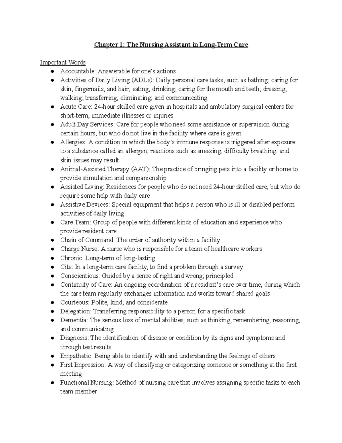 Chapter 1 Notes Review Questions - Chapter 1: The Nursing Assistant in ...